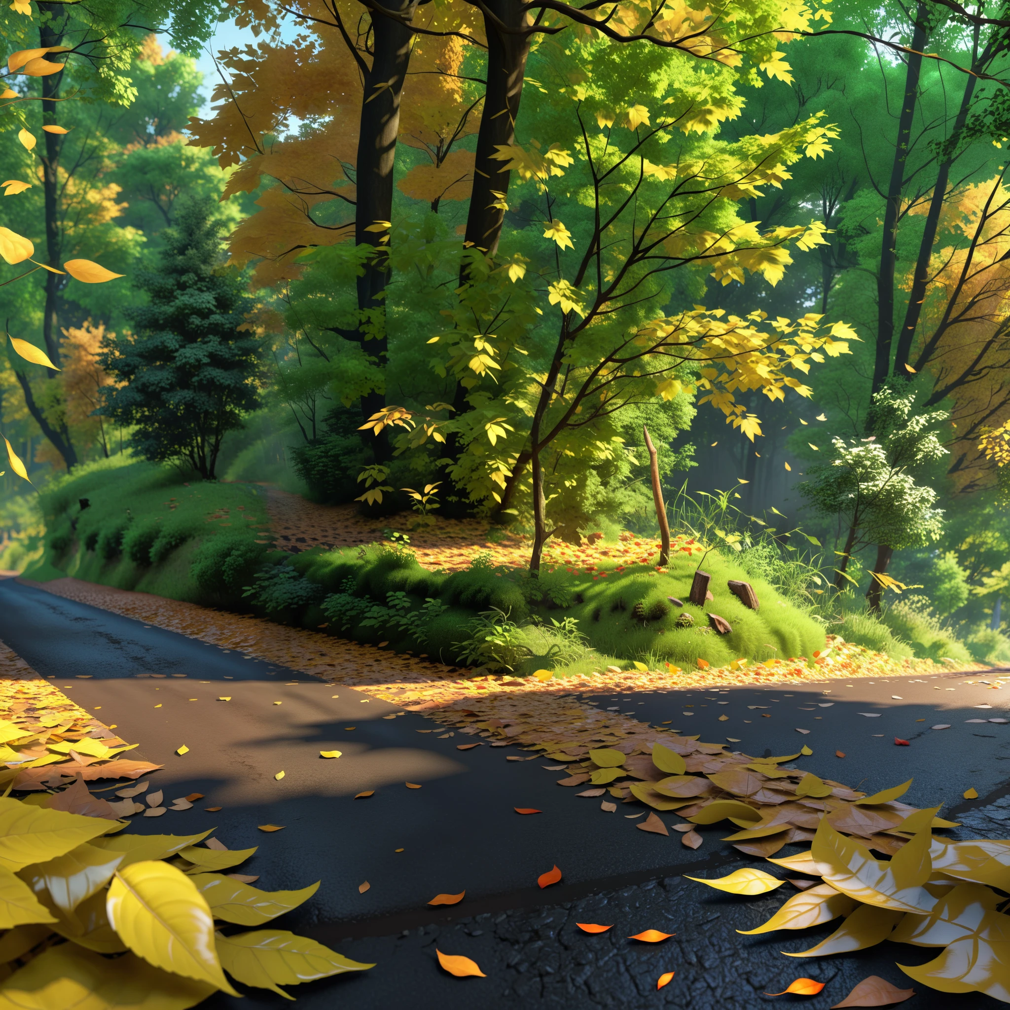 fork in the road, beast road, forest, fallen leaves, AML_Grove, ((masterpiece, best quality, ultra-detailed, an extremely delicate and beautiful)), ((photorealism, hyperrealism)), ((extremely detailed CG unity 8k wallpaper)), ((award winning, ccurate, UHD, textured skin, chromatic aberration, perfect anatomy, golden ratio)), (exquisite attention to detail), ((perfect_composition, perfect_design, perfect_layout, perfect_detail, ultra_detailed)), ((aesthetic harmony)), ((aesthetic style))