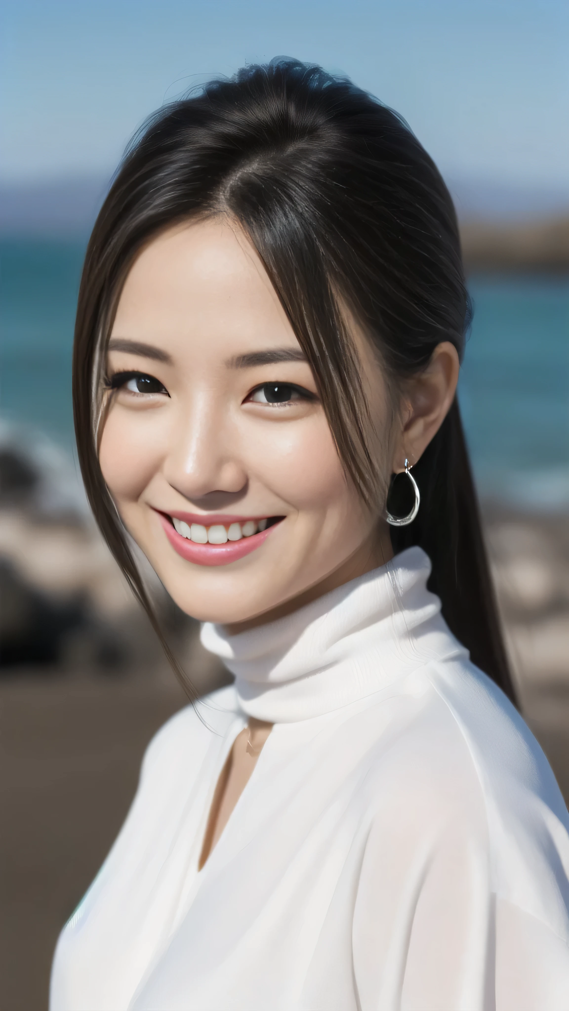 Hostess's face、Married women、Married Woman、Beauty、White high neck shirt、jeans、high quality、Super Ultra Realistic、healthy、smile、Perfect figure、Japanese Beauty、 necklace、Earrings、Perfect eyes, beautiful skin、looking at the camera、coastal