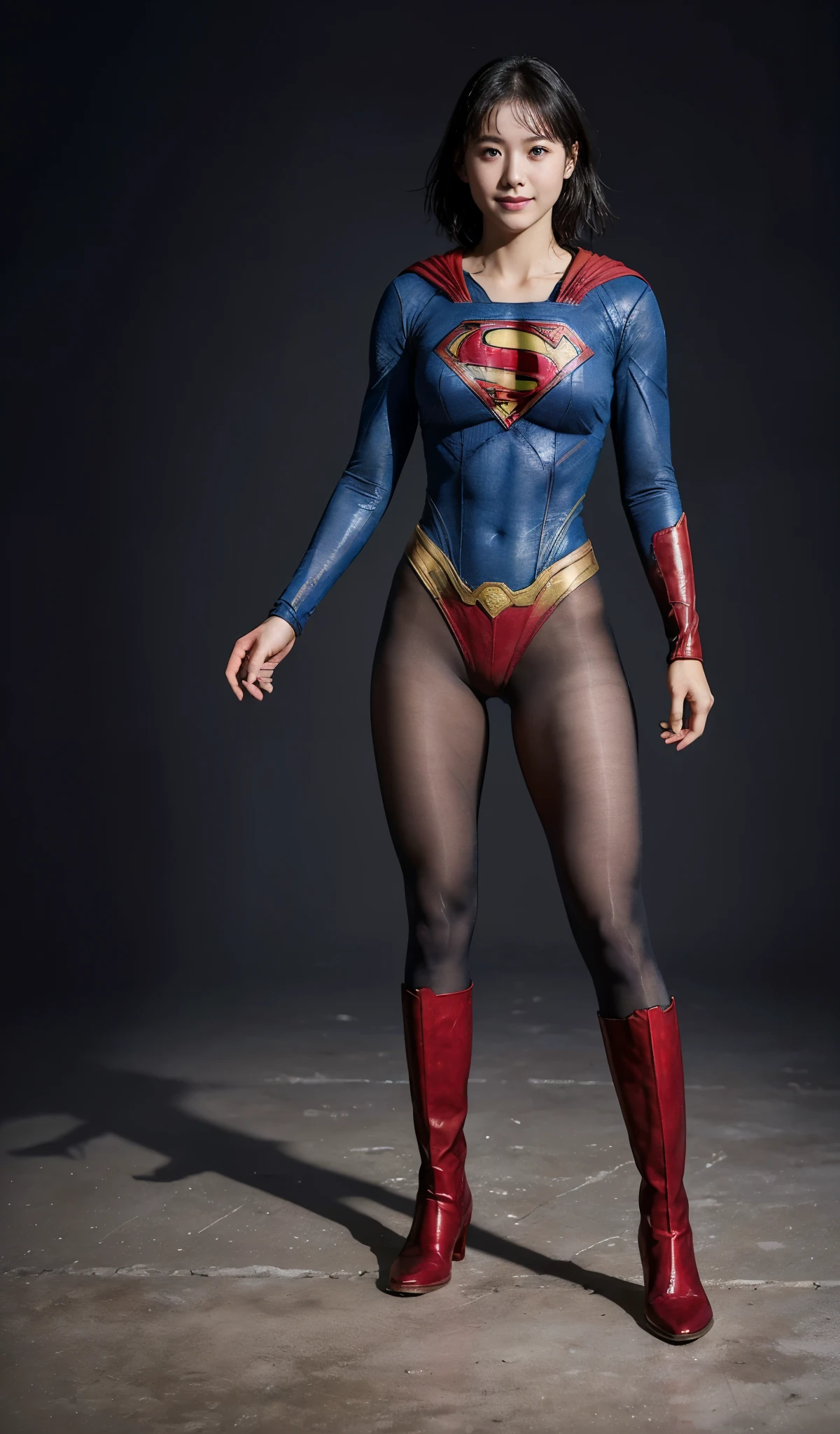 No background、(((Beautiful legs in black tights.)))、(((Legally express the beauty of your smile)))、((((Make the most of your original images)))、(((Supergirl Costume)))、(((beautiful short hair)))、(((suffering)))、(((Please wear black tights....、Wear red boots)))、((Best image quality、8K))、((highest quality、8K、masterpiece:1.3))、(((Preserve background )))、Sharp focus:1.2、Beautiful woman with perfect figure:1.4、Thin abdominal muscles:1.2、Wet body:1.5、Highly detailed face and skin texture、8K