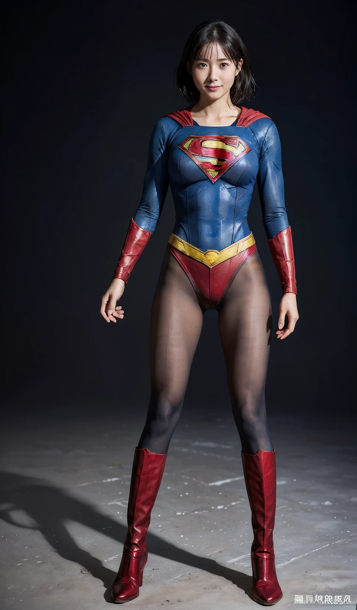 No background、(((Beautiful legs in black tights.)))、(((Legally express the beauty of your smile)))、((((Make the most of your original images)))、(((Supergirl Costume)))、(((beautiful short hair)))、(((suffering)))、(((Please wear black tights....、Wear red boots)))、((Best image quality、8K))、((highest quality、8K、masterpiece:1.3))、(((Preserve background )))、Sharp focus:1.2、Beautiful woman with perfect figure:1.4、Thin abdominal muscles:1.2、Wet body:1.5、Highly detailed face and skin texture、8K