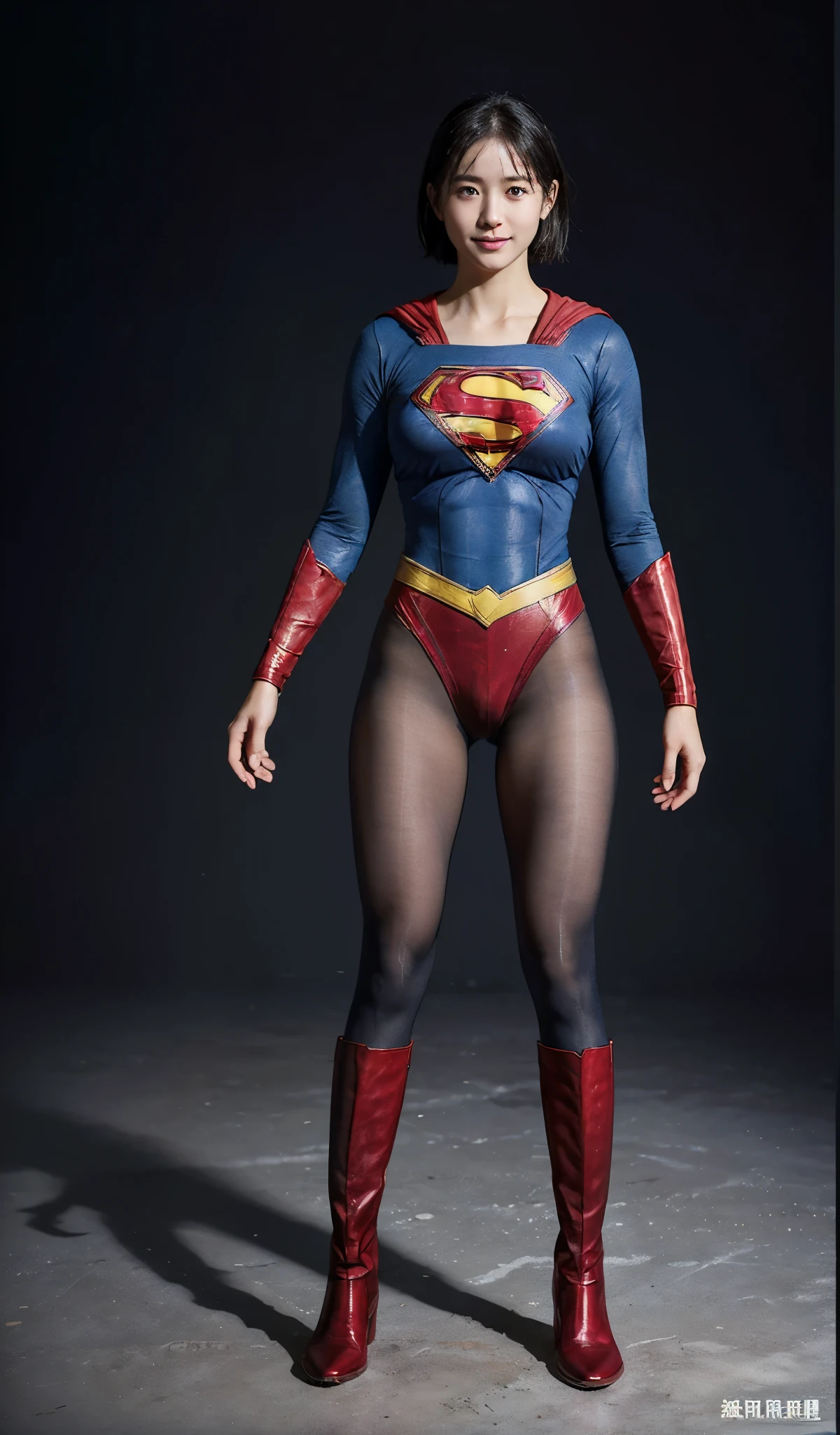 No background、(((Beautiful legs in black tights.)))、(((Legally express the beauty of your smile)))、((((Make the most of your original images)))、(((Supergirl Costume)))、(((beautiful short hair)))、(((suffering)))、(((Please wear black tights....、Wear red boots)))、((Best image quality、8K))、((highest quality、8K、masterpiece:1.3))、(((Preserve background )))、Sharp focus:1.2、Beautiful woman with perfect figure:1.4、Thin abdominal muscles:1.2、Wet body:1.5、Highly detailed face and skin texture、8K