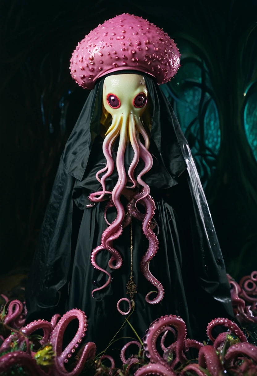 8K, ARTISTIC photogrAphy, best quAlity, mAsterpiece: 1.2), A (potrAit:1.2) witch BLOOD Toon Doll Cthulhu nun QUEEN, EYES, PINK many octopus style tentacles, full body RAW candid cinema, yellow hair, 16mm, color graded portra 400 film, remarkable color, ultra realistic, sad admosphere, dark lighting, oppressive atmosphere, depressive colors, kodak portra 400, photograph,r, Natural Light, Pinhead lighgts, blur reflection, Brush Strokes, Smooth, abstract, Splatter, Oil On Canvas, rainbow colors, fractal isometrics details bioluminescens : a stunning realistic photograph of wet bone structure, 3d render, octane render, intricately detailed, titanium decorative headdress, cinematic, trending on artstation | Isometric | Centered