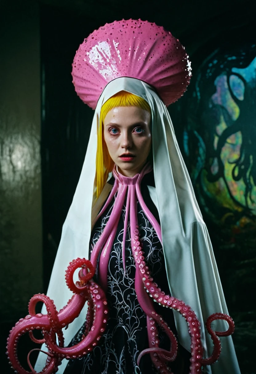 8K, ARTISTIC photogrAphy, best quAlity, mAsterpiece: 1.2), A (potrAit:1.2)  witch BLOOD Toon Doll Cthulhu nun QUEEN, EYES, PINK many octopus style tentacles, full body RAW candid cinema, yellow hair, 16mm, color graded portra 400 film, remarkable color, ultra realistic, sad admosphere, dark lighting, oppressive atmosphere, depressive colors, kodak portra 400, photograph,r, Natural Light, Pinhead lighgts, blur reflection, Brush Strokes, Smooth, abstract, Splatter, Oil On Canvas, rainbow colors, fractal isometrics details bioluminescens : a stunning realistic photograph of wet bone structure, 3d render, octane render, intricately detailed, titanium decorative headdress, cinematic, trending on artstation | Isometric | Centered