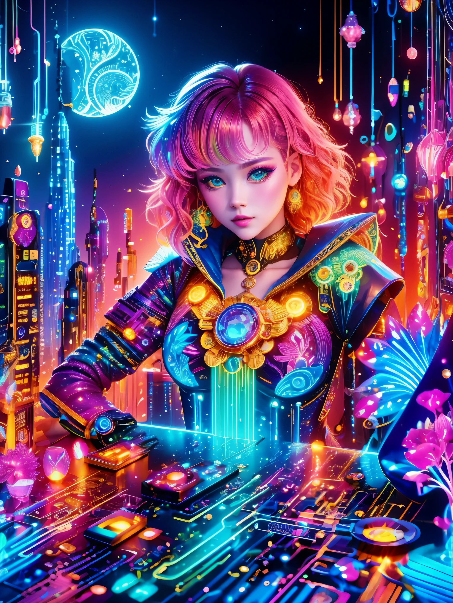 (Neon)，Circuit Board，(1girl:1.3)，(Beautiful Girl:1.2)，(Sailor Moon Fighting)，(Short red messy hair)，kaleidoscope，(Cyberpunk)，Steampunk，Dieselpunk and clockpunk，kaleidoscope采用热粉色，(Made of shiny gold plated and shiny silver plated)，Broken sparkling colored gemstones，Mixed Art，Mixed Art，Fractal Art，Zentangle Art，Design Art，Wonderful and mysterious，Fantasy World Pictures，A diverse visual style that incorporates a variety of artistic elements，Includes glittery rainbow pastels and bright colors，Best quality，very good，8k，absurd，Extremely detailed