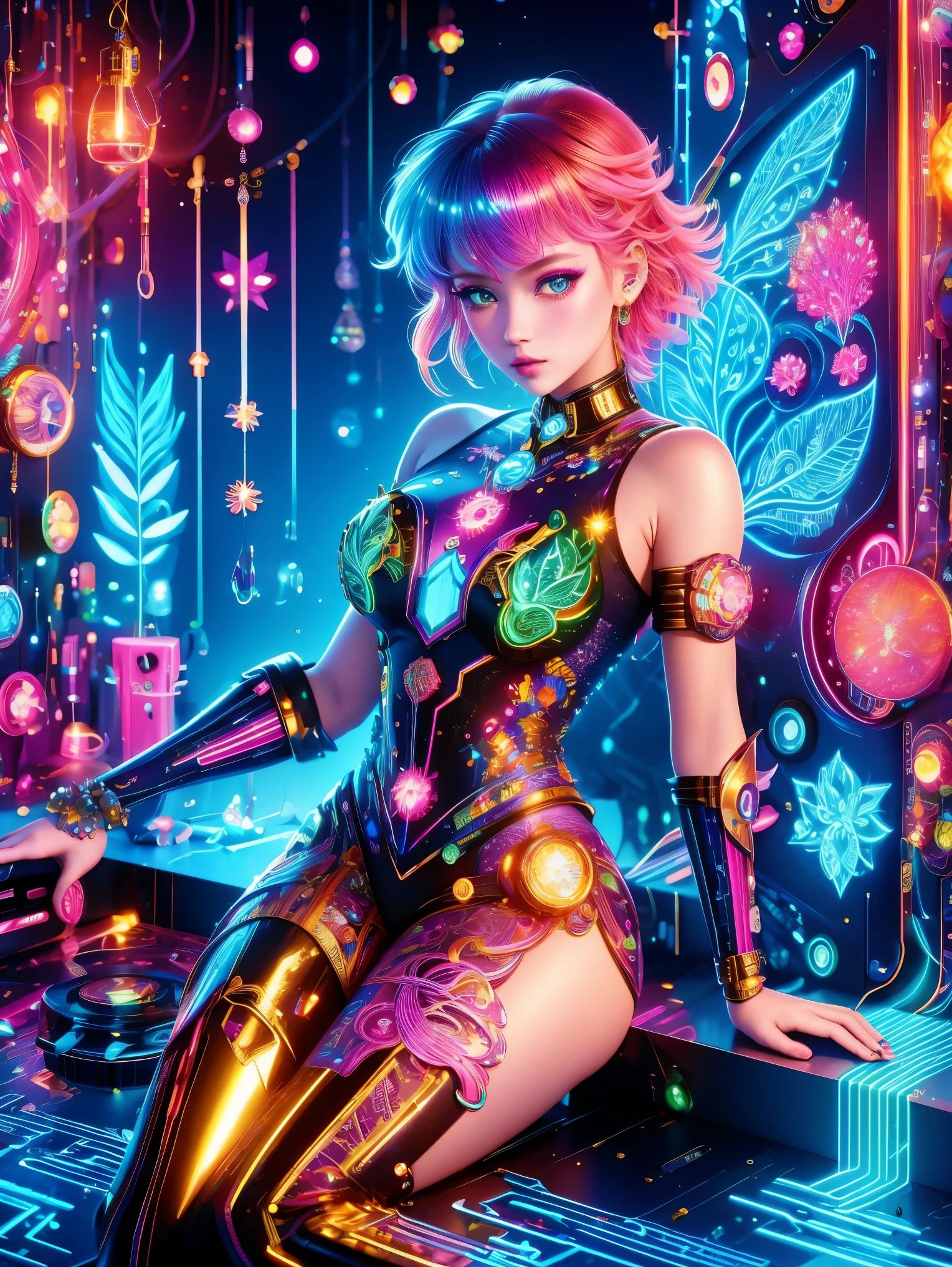 (Neon)，Circuit Board，(1girl:1.3)，(Beautiful Girl:1.2)，(Sailor Moon Fighting)，(Short red messy hair)，kaleidoscope，(Cyberpunk)，Steampunk，Dieselpunk and clockpunk，kaleidoscope采用热粉色，(Made of shiny gold plated and shiny silver plated)，Broken sparkling colored gemstones，Mixed Art，Mixed Art，Fractal Art，Zentangle Art，Design Art，Wonderful and mysterious，Fantasy World Pictures，A diverse visual style that incorporates a variety of artistic elements，Includes glittery rainbow pastels and bright colors，Best quality，very good，8k，absurd，Extremely detailed