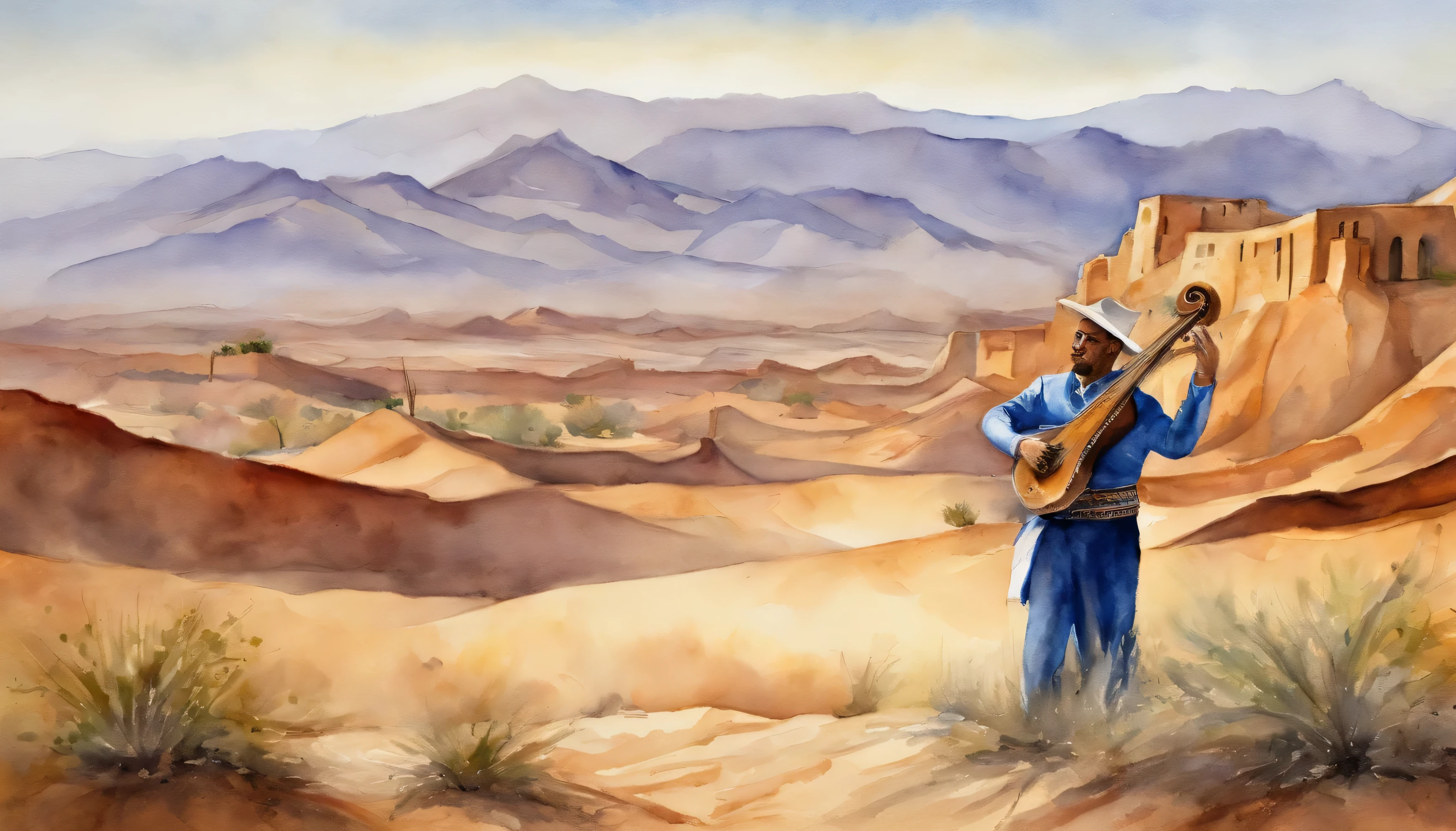 Mariachi musician playing the harp in the middle of the desert in Mexico 