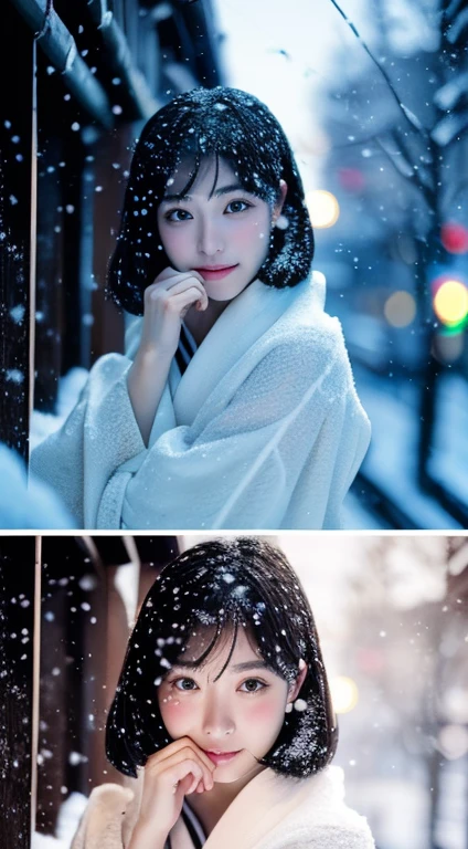 (kimono)、(highest quality,masterpiece:1.3,超A high resolution,),(Ultra-detailed,Caustics),(Photorealistic:1.4,RAW shooting,)Ultra-Realistic Capture,Very detailed,High resolution 16K for human skin、 The skin texture is natural、、The skin looks healthy、The color is also uniform.、 Use natural light and color,One Woman,Japanese,,cute,Black-haired,Middle Hair,(Depth of written boundary、chromatic aberration、、Wide range of lighting、Natural Shading、)、(Outdoor lighting at night:1.4)、(it's snowing:1.2)、(Hair swaying in the wind:1)、(Reflective snow:1.3)