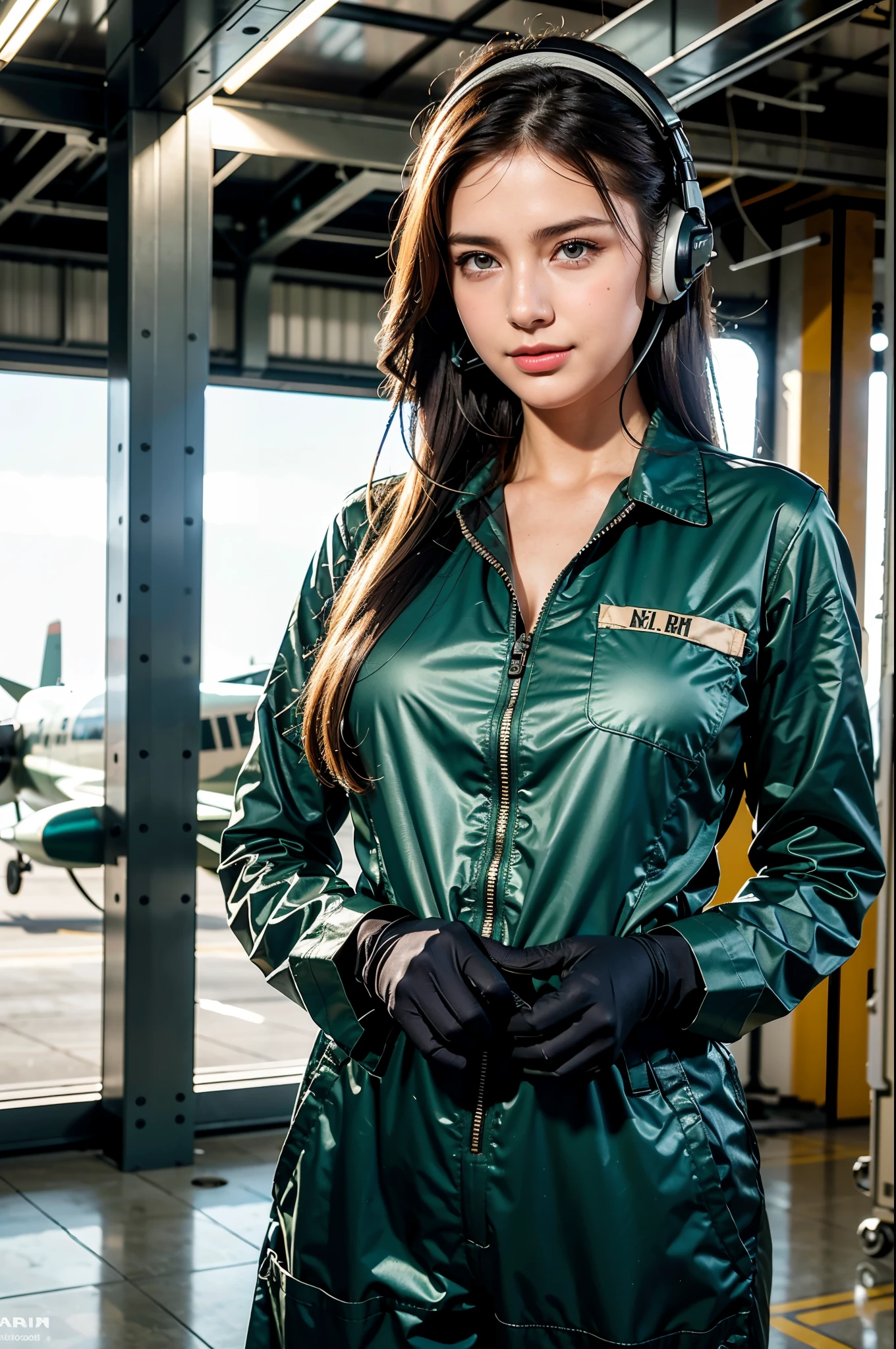 Best quality, ((professional photograph, RAW photo)), Insanely realistic, an extremely delicate and beautiful, ultra high res, realistic lighting and shading, (Realistic image of a extremely pretty female Aircraft mechanic, solo), Inside a spacious Aircraft hangar, Monoplane fighters of the World War II era line the background, Aircraft parts scattered on the floor, Tools for maintenance, She does aircraft maintenance, (wearing Military camouflage patterned Long-sleeved mechanic's coverall), (wearing mechanic's heavy-duty glove), (Wearing a headset), her hair is tied back later, very professional mechanic, inscrutable smile, (extremely beautiful depiction of the eyes and face), (insanely beautiful natural skin texture), Accurate eyes, Accurate hands, Well-balanced overall body