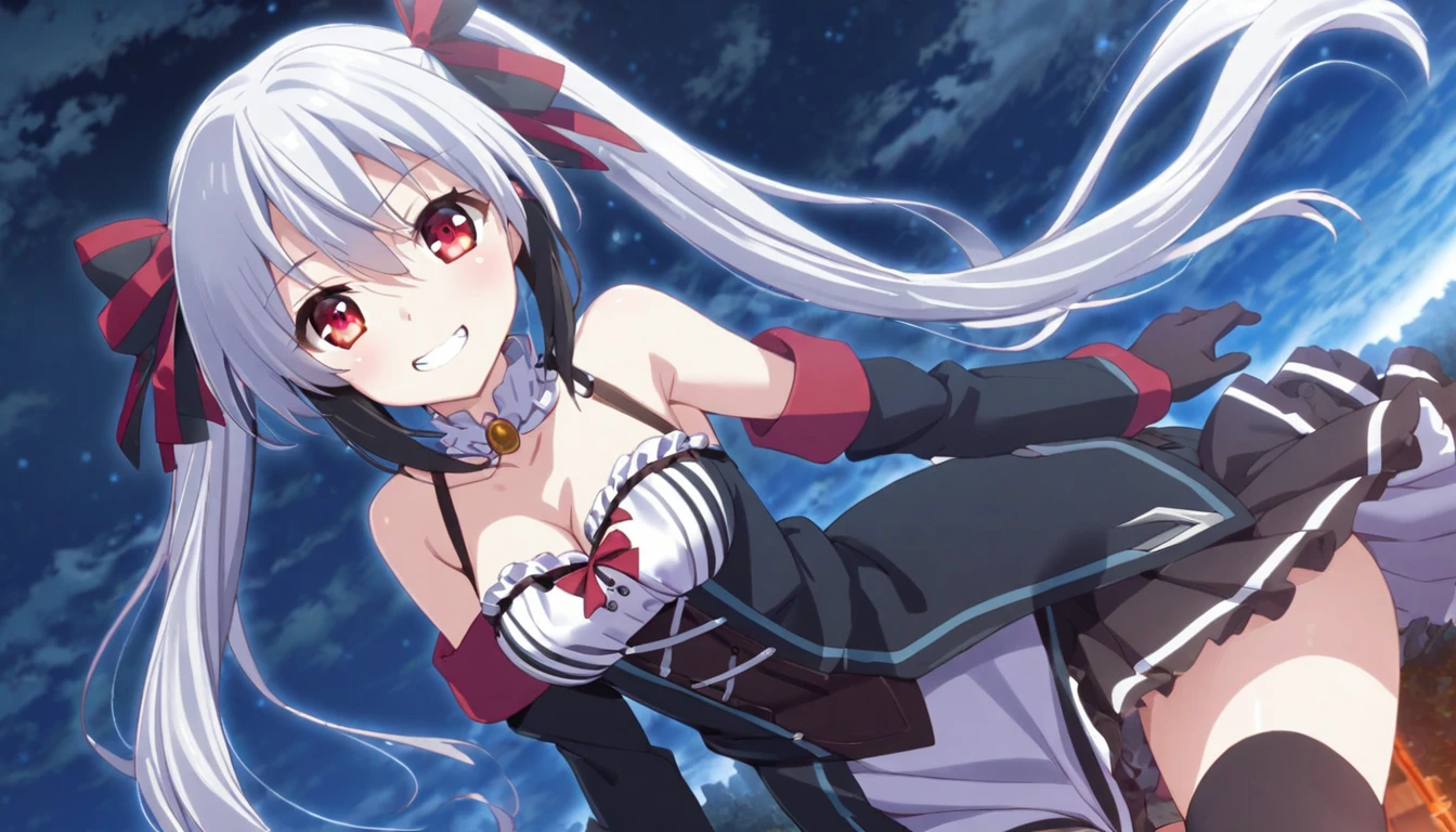 
(1girl, anime, detailed eyes:1.2), long hair, looking at viewer, smile, red eyes, short hair, dress, black hair, gloves, sky, long sleeves, ribbon, hair between eyes, skirt, very long hair, upper body, hair ornmaent , shirt ,multicolored hair, bare shoulders, gradiant hair white hair, jewelry, outdoors, thighhighs, blush , night, jacket, grin, cloud, cleavage , twintails,frills, hd wallpaper