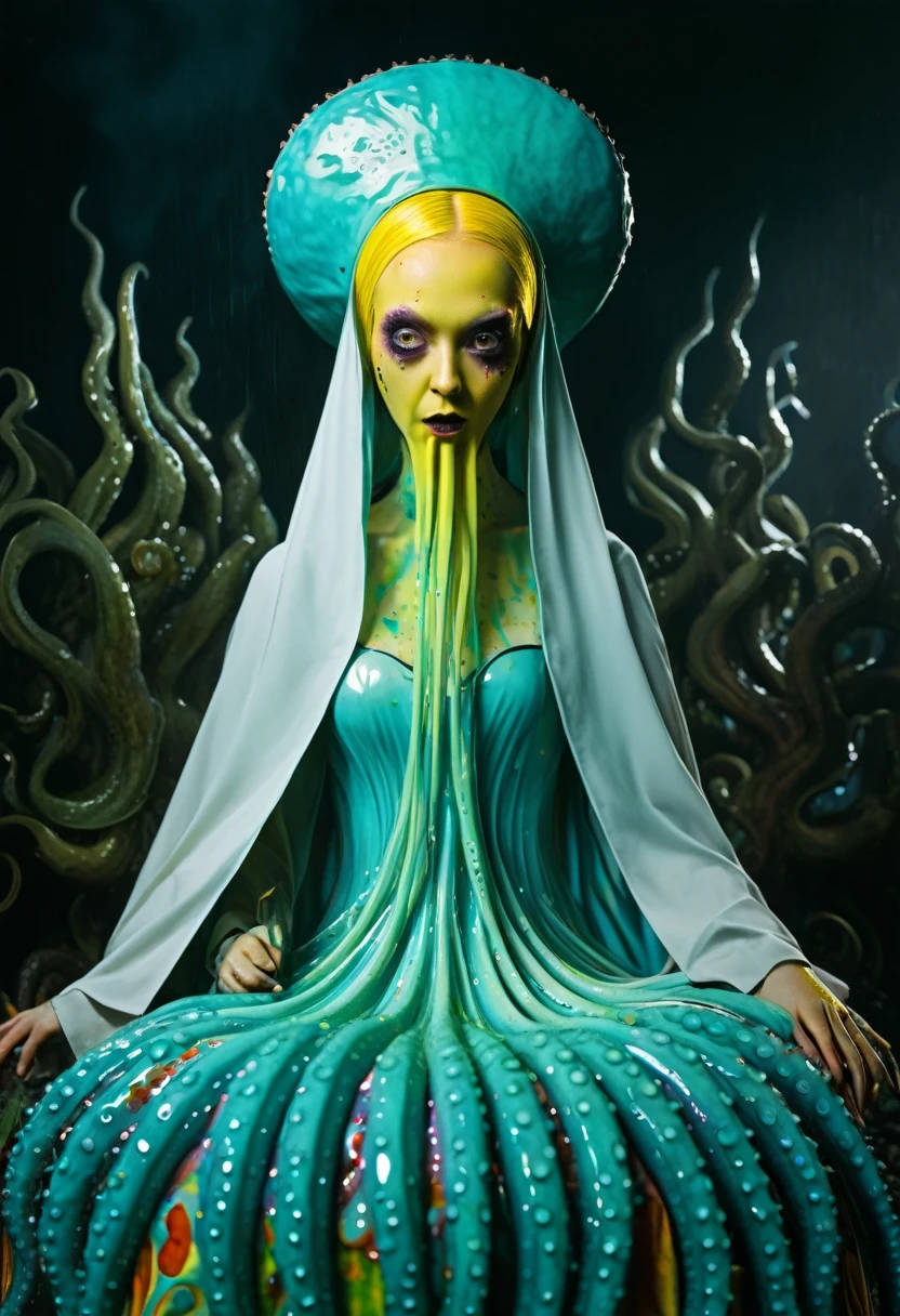 8K, ARTISTIC photogrAphy, best quAlity, mAsterpiece: 1.2), A (potrAit:1.2) witch BLOOD Toon Doll Cthulhu nun QUEEN, EYES, CYAN many octopus style tentacles, full body RAW candid cinema, yellow hair, 16mm, color graded portra 400 film, remarkable color, ultra realistic, sad admosphere, dark lighting, oppressive atmosphere, depressive colors, kodak portra 400, photograph,r, Natural Light, Pinhead lighgts, blur reflection, Brush Strokes, Smooth, abstract, Splatter, Oil On Canvas, rainbow colors, fractal isometrics details bioluminescens : a stunning realistic photograph of wet bone structure, 3d render, octane render, intricately detailed, titanium decorative headdress, cinematic, trending on artstation | Isometric | Centered