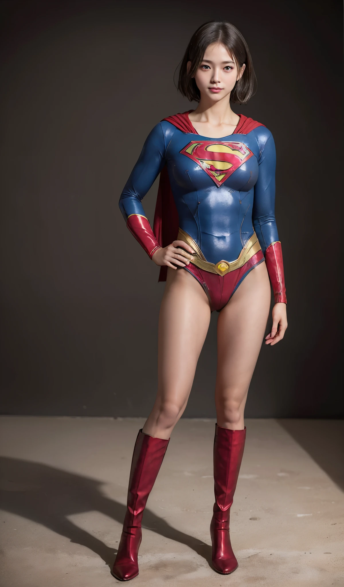 No background、(((Beautiful legs in black tights.)))、(((Legally express the beauty of your smile)))、((((Make the most of your original images)))、(((Supergirl Costume)))、(((beautiful short hair)))、(((suffering)))、(((Please wear black tights....、Wear red boots)))、((Best image quality、8K))、((highest quality、8K、masterpiece:1.3))、(((Preserve background )))、Sharp focus:1.2、Beautiful woman with perfect figure:1.4、Thin abdominal muscles:1.2、Wet body:1.5、Highly detailed face and skin texture、8K