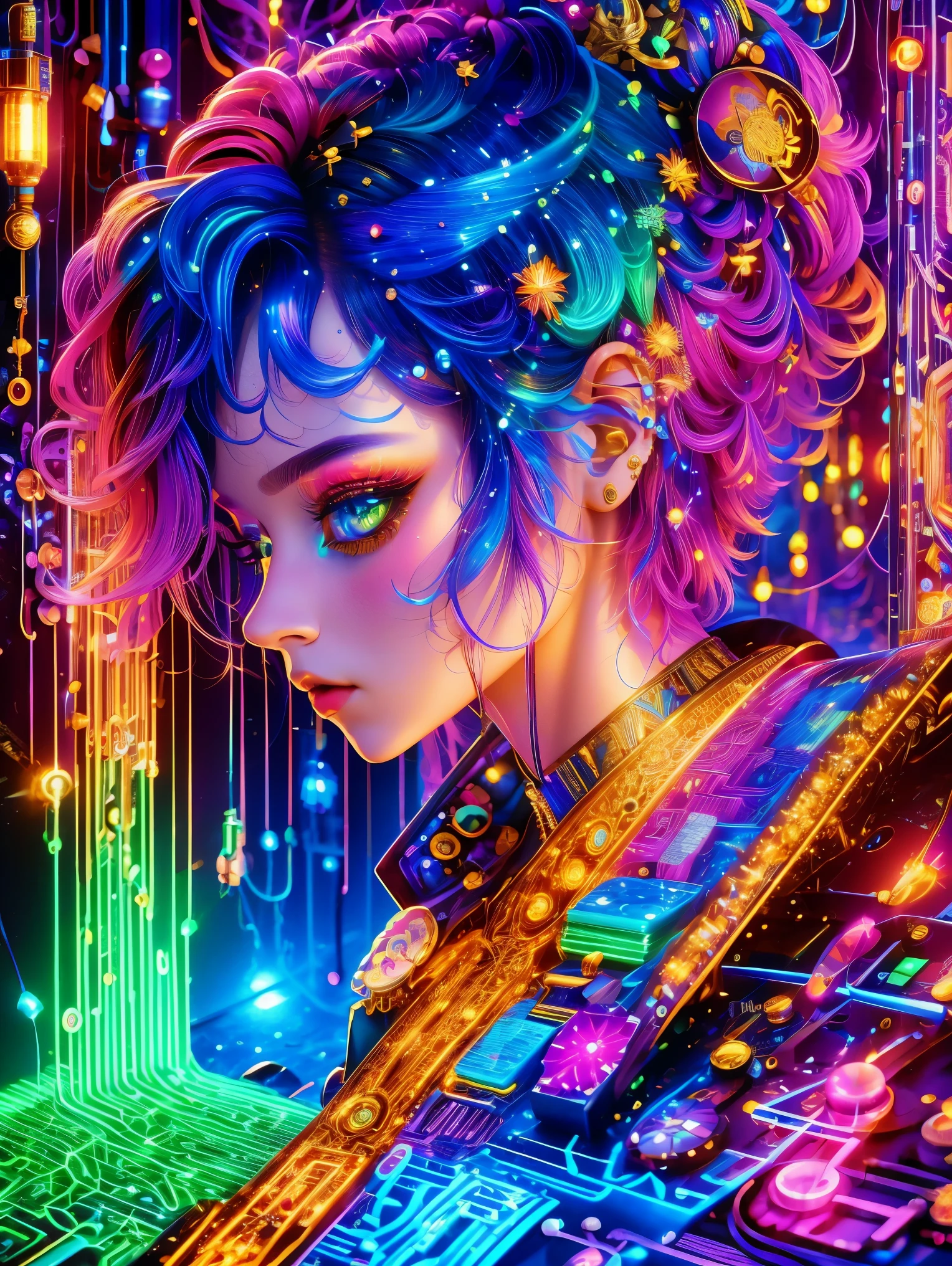 (Neon)，Circuit Board，(1girl:1.3)，(Beautiful Girl:1.2)，(Sailor Moon Fighting)，(Short red messy hair)，kaleidoscope，(Cyberpunk)，Steampunk，Dieselpunk and clockpunk，kaleidoscope采用热粉色，(Made of shiny gold plated and shiny silver plated)，Broken sparkling colored gemstones，Mixed Art，Mixed Art，Fractal Art，Zentangle Art，Design Art，Wonderful and mysterious，Fantasy World Pictures，A diverse visual style that incorporates a variety of artistic elements，Includes glittery rainbow pastels and bright colors，Best quality，very good，8k，absurd，Extremely detailed