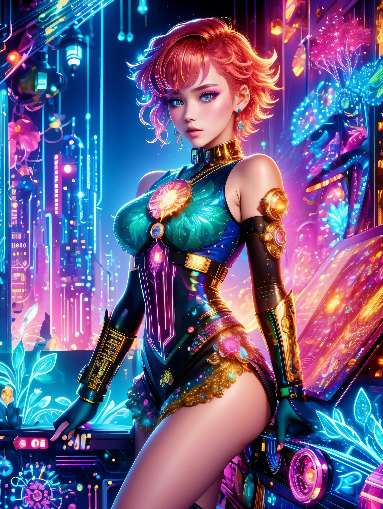 (Neon)，Circuit Board，(1girl:1.3)，(Beautiful Girl:1.2)，(Sailor Moon Fighting)，(Short red messy hair)，kaleidoscope，(Cyberpunk)，Steampunk，Dieselpunk and clockpunk，kaleidoscope采用热粉色，(Made of shiny gold plated and shiny silver plated)，Broken sparkling colored gemstones，Mixed Art，Mixed Art，Fractal Art，Zentangle Art，Design Art，Wonderful and mysterious，Fantasy World Pictures，A diverse visual style that incorporates a variety of artistic elements，Includes glittery rainbow pastels and bright colors，Best quality，very good，8k，absurd，Extremely detailed