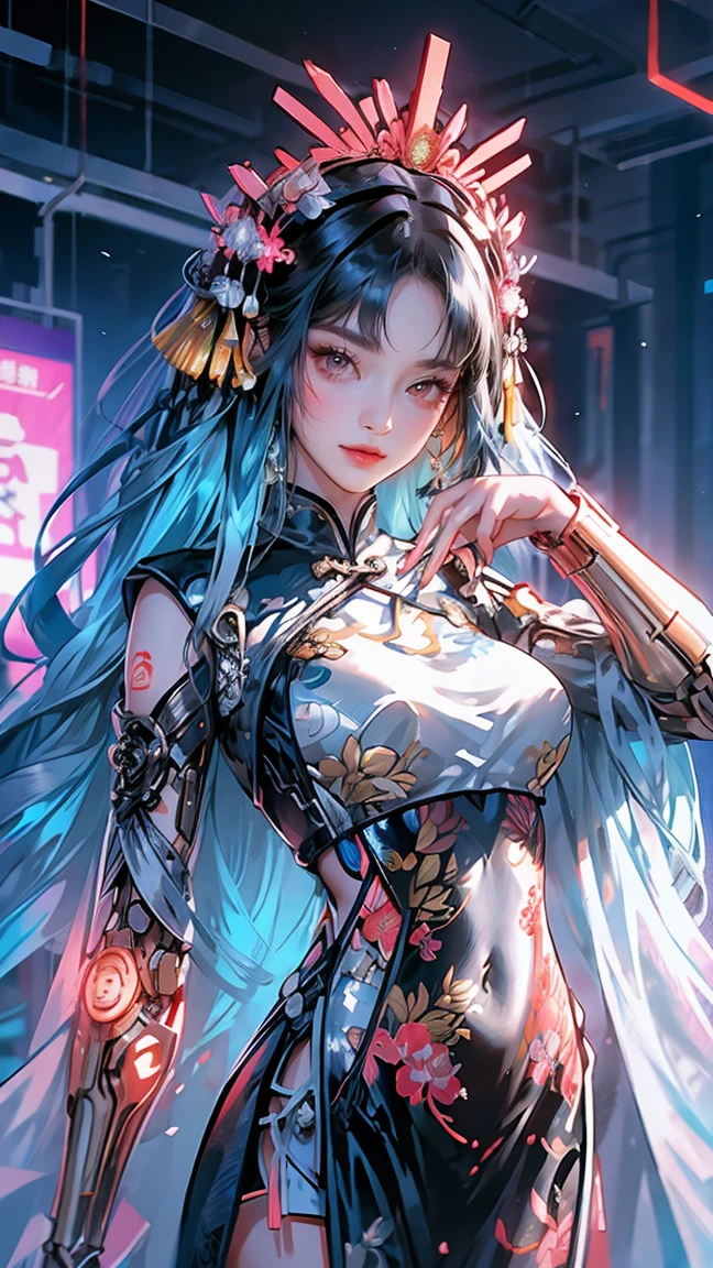 a woman in cheongsam, chinese_clothes, in pink, neon light, mechanical arm, mechanical leg, 1girl, drill hair, long hair, blonde hair, gradient hair, yellow eyes, solo, huge breasts, big hair, blue hair, tiara, divine goddess, looking at viewer, indoors, cyberpunk city, Headdress, hair ornament, a high-tech city, full of machinery and futuristic element, futurism, technology, sexy pose, dynamic pose, astraea, cyberhanfu