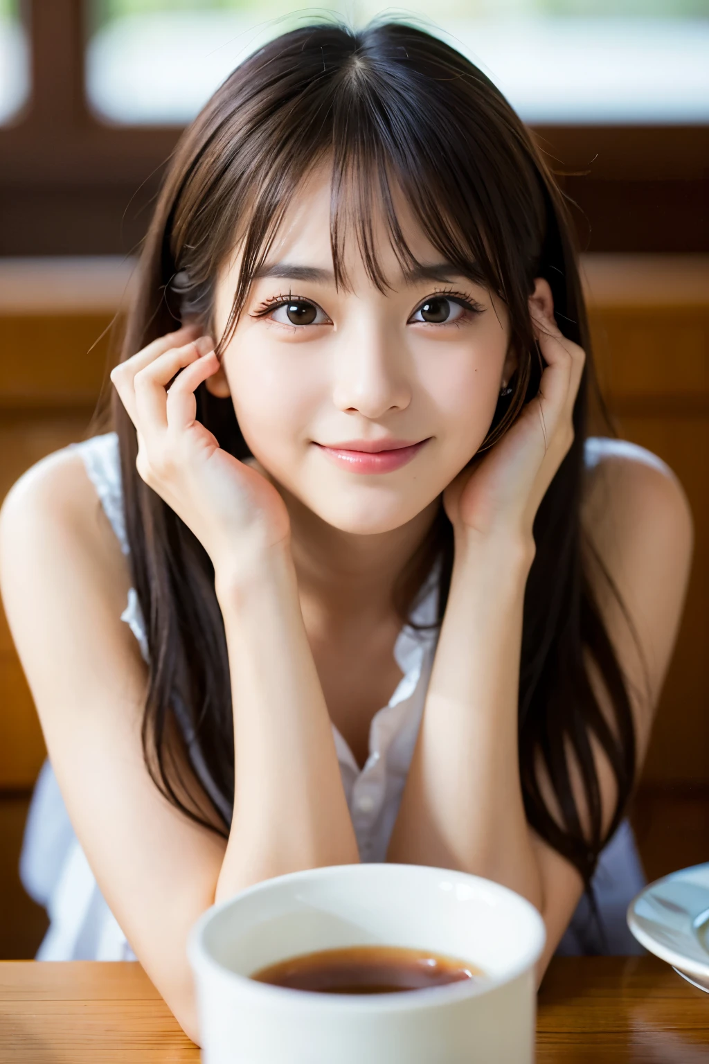 ((highest quality)), ((masterpiece)), (detailed), Perfect Face, Best-quality, Masterpiece, Ultra-High-Resolution, (Photorealistic:1.9), Raw-Photo, depth of field, professional-lighting, 1girl, the most famous Japanese idol, relaxing in cafeteria, extremely cute face, extremely beautiful and extremely big black-eyes, extremely beautiful skins, innocent smile