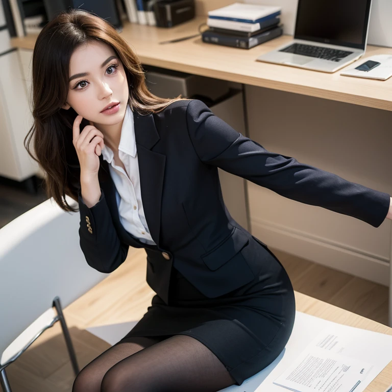 (8k, highest quality, ultra detailed:1.37), (Janette), 18yo, (a sophisticated Afrikaner college girl), exudes professionalism in a modern office setting. Dressed in a tailored Blazer and Pencil Skirt combo, she showcases her impeccable style and confident demeanor. The high-resolution image captures ultra-detailed realism, highlighting Janette's captivating eyes, long eyelashes, and flawless complexion. The sleek office environment adds to the sophisticated atmosphere, creating a visually stunning representation of Janette's professional image.