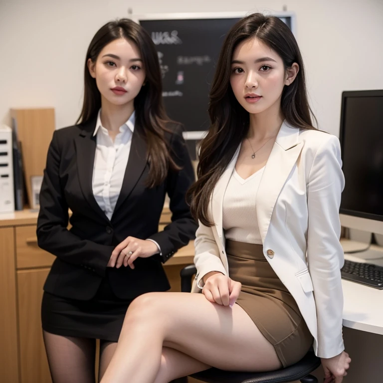 (8k, highest quality, ultra detailed:1.37), (Janette), 18yo, (a sophisticated Afrikaner college girl), exudes professionalism in a modern office setting. Dressed in a tailored Blazer and Pencil Skirt combo, she showcases her impeccable style and confident demeanor. The high-resolution image captures ultra-detailed realism, highlighting Janette's captivating eyes, long eyelashes, and flawless complexion. The sleek office environment adds to the sophisticated atmosphere, creating a visually stunning representation of Janette's professional image.