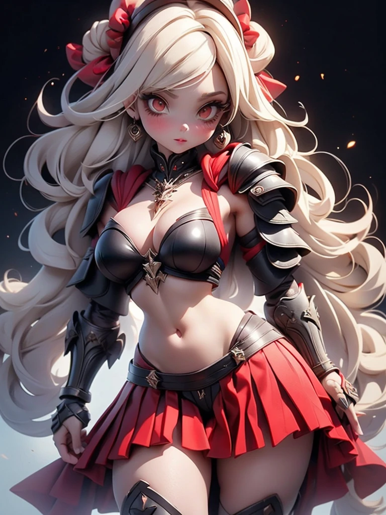 8k, RAW Portrait ,masterpiece、Realistic:1.2、Realistic, Ultra-high resolution, highest quality, Real Life Photos ,( in the evening :1.1), ((((1 female:1.5))))、(Cute face:1.3), Voluptuous, Busty White-Haired Female Dark Knight in ((((Black Full Metal)) Heavy Bikini Armor)), Red Eyes, (Thigh high Full Metal Armored Boots). (((Full Body View))), Long hair, Messy bun, (Red Cloak), (((Red Pleated Skirt))), detailed, perfect makeup, beautiful lips, large hoop earrings, (METAL bikini armor), No Helmet, (No Spikes), (Tall girl, Long legs), (Solo, 1girl), (Masterpiece, Detailed, 4k), perfect face, perfect lips, perfect makeup, dark eyeshadow, Unreal Engine 5, (Full Body Portrait), absurd resolution, high resolution, sharp image, vibrant colors
