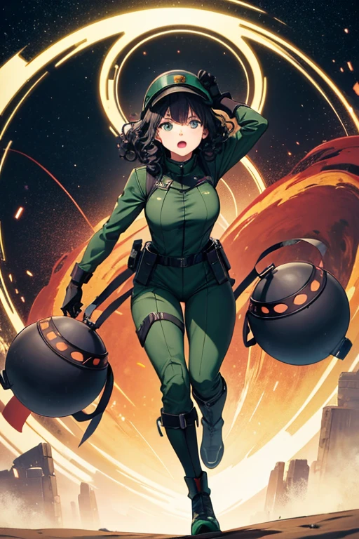 Anime Art、Full body portrait、Space SF Factory Worker、A Russian woman, about 175cm tall, around 44 years old, wearing dark green body armor, running with an iron ball in her left hand、Open-mouthed and panicking、Curly medium-long black hair、Dark green eyes、gloves、boots、Wearing a helmet on his head
