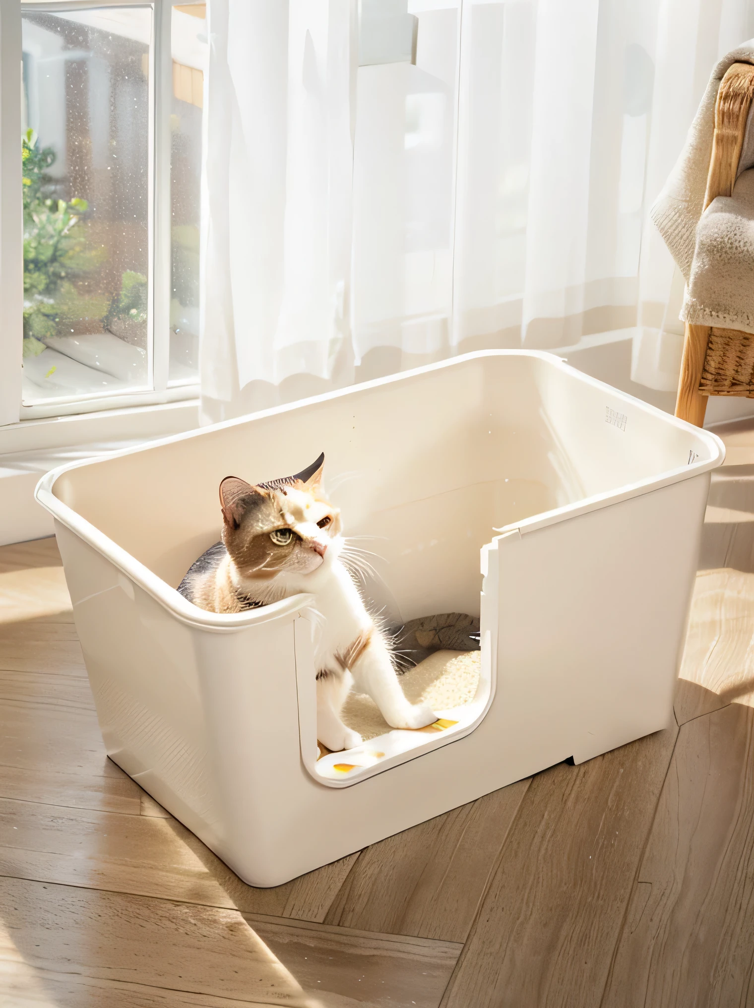 A cat in a large beige litter box，Natural light and shadow，Hyper-realistic scenes，Beige cat litter box with cat litter，Natural light shining on the cat litter box，Warmth and comfortable indoor environment，Wood floor，Product photography，High-end，Warmth，The corners of the cat litter box are rounded，Cute Kitten，Beige cat litter box with frosted exterior