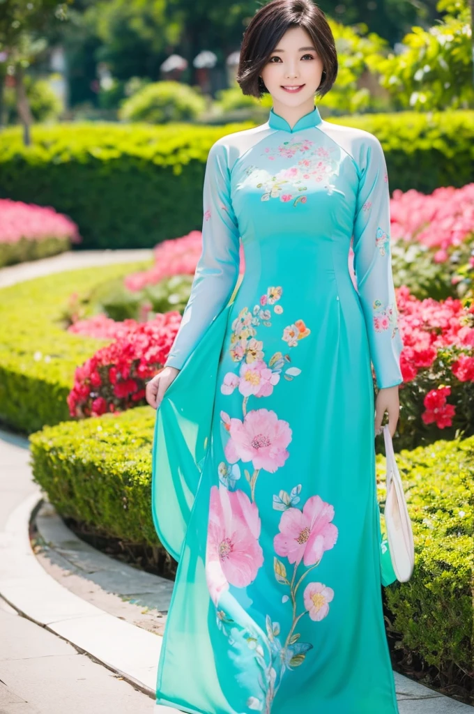 A beautiful short hair Asian girl wearing colorful Vietnamese ao dai, smirking, blurred background of flower garden.