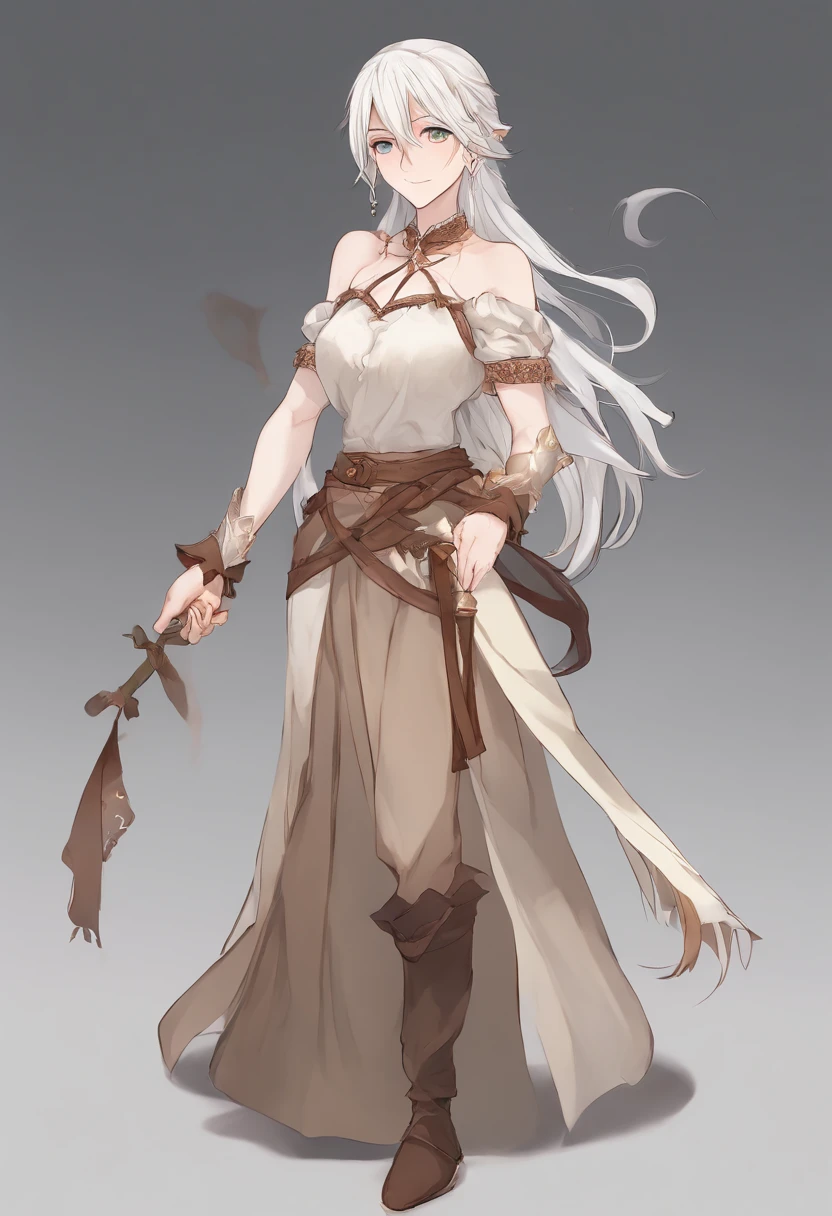(masterpiece,best quality), , facing front, , {plain background}, , {long hair}, , {long ponytail},, {full body}, , {white hair}, , {fantasy},, (mature woman), , (adult woman), , {anime woman}, , {bright blue eyes},, {smile}, , {white blouse},, (human)