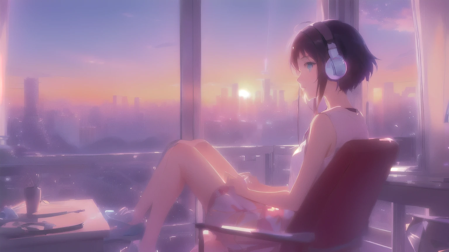 anime girl sitting in chair with headphones on looking out window, Watching the sunset. anime, makoto shinkai cyril rolando, Landscapes by Ilya Kuvshinov, 4k anime wallpaper, anime wallpaper 4 k, anime wallpaper 4k, Inspired by Atei Gailan, ultra hd anime wallpaper, Atei Gailan Style, anime art wallpaper 4k
