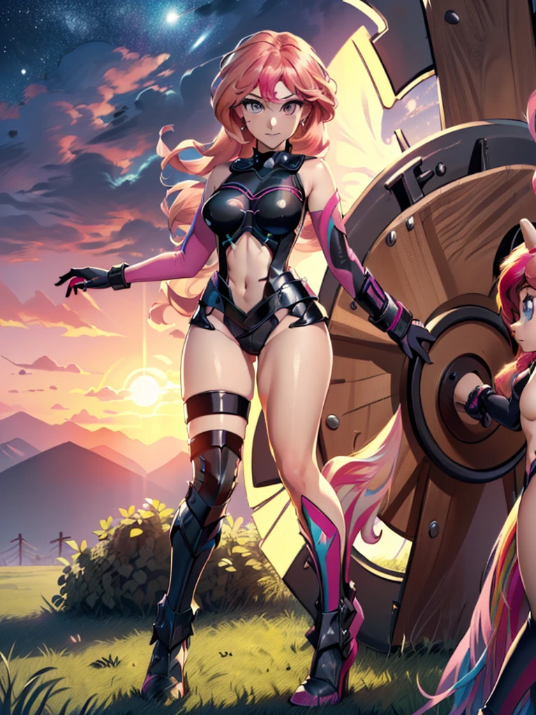 gran calidad ++ Extremely detailed high resolusionolution, very aesthetic, ojos expresivos, (((Cara perfecta))), (((face symmetrical))), ((good anatomy)), (((manos perfectas))), (((8k))), UHD, Fondo de pantalla HD, (((alta calidra detallada, (((((1girl)))))), solamente, Obra maestra, La mejor calidad, high resolusion, Altamente detallado, (illustration), hermosos ojos detallados, (((combatant))), (((my little pony))), (((((igirl))))), ((((cuerpo completo)))), ((((full body)))), (((((mlpshimmer))))), ((multicolored hair))), ((((((Pink hair)))))), Sunset shimmer, Sunset shimmer de My Little Poni, Sunset en forma de milf, Cabello largo y ondulado, (((Long hair))), (((ahoge))), (((braid))), (((hair ribbon))), (((elbow gloves))), (((gloves))), (((black gloves))), (((black leotard))), (((leotard)), (((navel))), (((navel cutout))), (((eyes visible through hair))), (((Dedos detallados))), Dedos precisos, Manos no antinaturales, strange eye, (((night))), (((round shield))), (((pose of defending oneself with a shield))), (((shield front))), (((brandishing a shield))), (((shield in his right hand))), (((lord_camelot_\(fate\))),