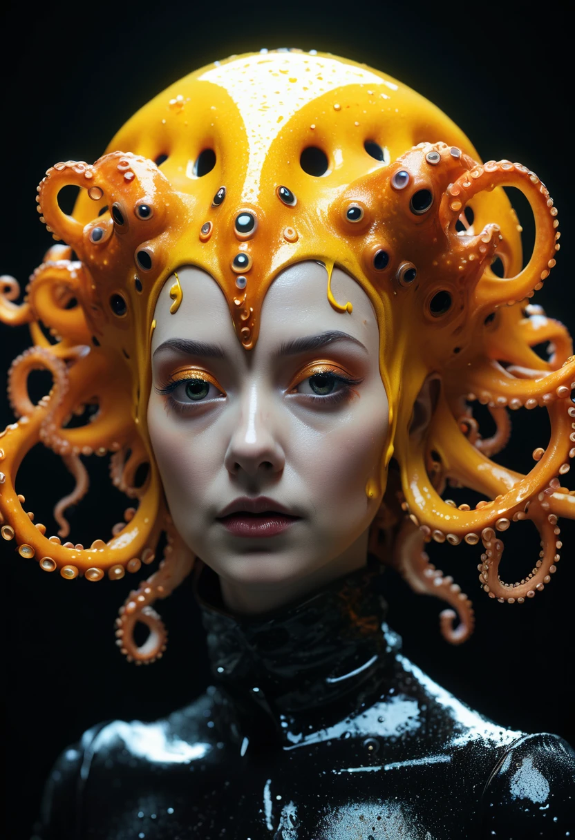 8K, ARTISTIC photogrAphy, best quAlity, mAsterpiece: 1.2), A (potrAit:1.2) witch BLOOD Toon Doll Cthulhu nun QUEEN, ORANGE many octopus style tentacles, full body RAW candid cinema, yellow hair, 16mm, color graded portra 400 film, remarkable color, ultra realistic, sad admosphere, dark lighting, oppressive atmosphere, depressive colors, kodak portra 400, photograph,r, Natural Light, Pinhead lighgts, blur reflection, Brush Strokes, Smooth, abstract, Splatter, Oil On Canvas, rainbow colors, fractal isometrics details bioluminescens : a stunning realistic photograph of wet bone structure, 3d render, octane render, intricately detailed, titanium decorative headdress, cinematic, trending on artstation | Isometric | Centered