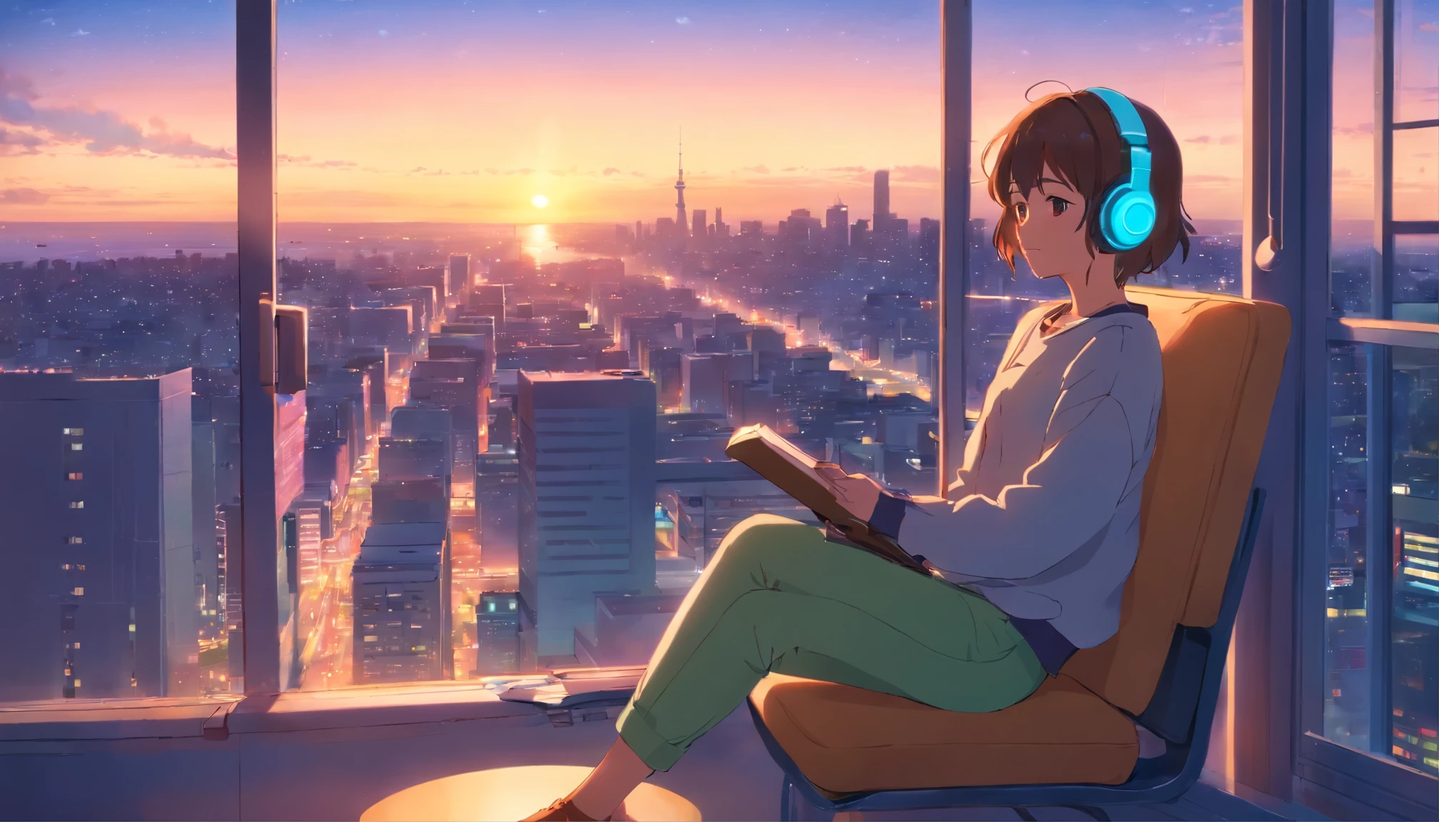 Polate、512、Lo-Fi、Girl with headphones sitting on a chair、Take a nap at your desk、close your eyes、City view from the window、evening、pastel colour、Painting