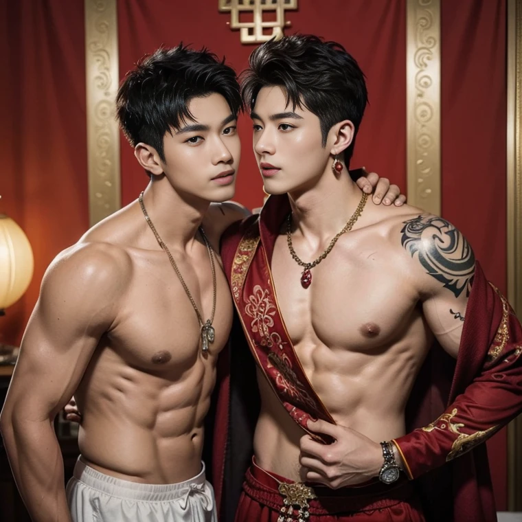 ( safe for work),Two handsome boys kissing, smiling at each other,hugging, kissing, touching lips, cuddle, romantic,skin ship, Chinese Men God, Mythology, realistic, Chinese odyssy, super Handsome,manly, kpop idol, handsome korean actor, 20 years old,, detailed face, manly jawline, detailed mess curly styling hair, Topless, Muscles, big breast Athlete body, Full Frame,full body shoots, realistic, human skin, tattoo breast, Professional studio Lighting, long red tibet wedding Outfit, jade and golden pendent all over , detailed jewery in dress, earings,Chinese ancient wedding Background,out door, super detailed background,look at camera , open mouth, thin Underneathe Underwear, tibet Warrior, Hanfu red wedding dress, tibet Male, tibet Nobel, Seduce , bare chest , tattoo chest, tattoo arms, tattoo hands, tattoo back, tattoo legs , tattoo belly, big juicy butts,
