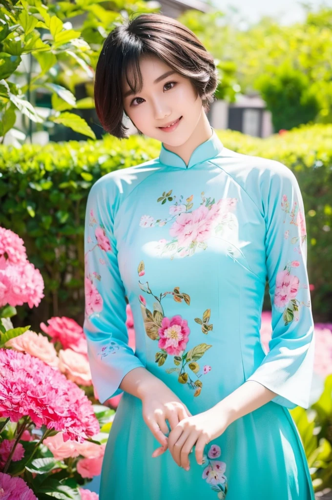 A beautiful short hair Asian girl wearing colorful Vietnamese ao dai, smirking, blurred background of flower garden.