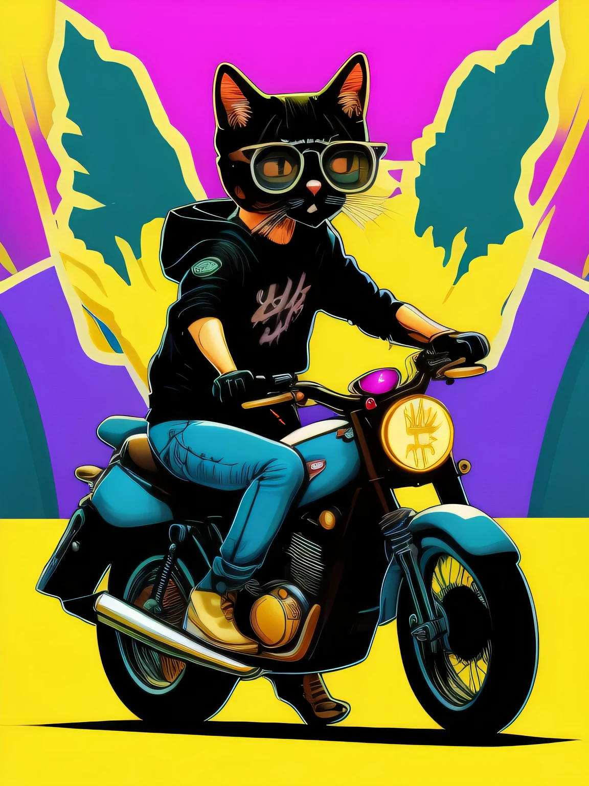 Cat character design riding a motorcycle,sticker,full-body shot ,anime style, Trigger studio style, Comic Art, comics, Ink, Graffiti Art, Image, Neon Colors, Golden Ratio Composition, T-shirt design,8k