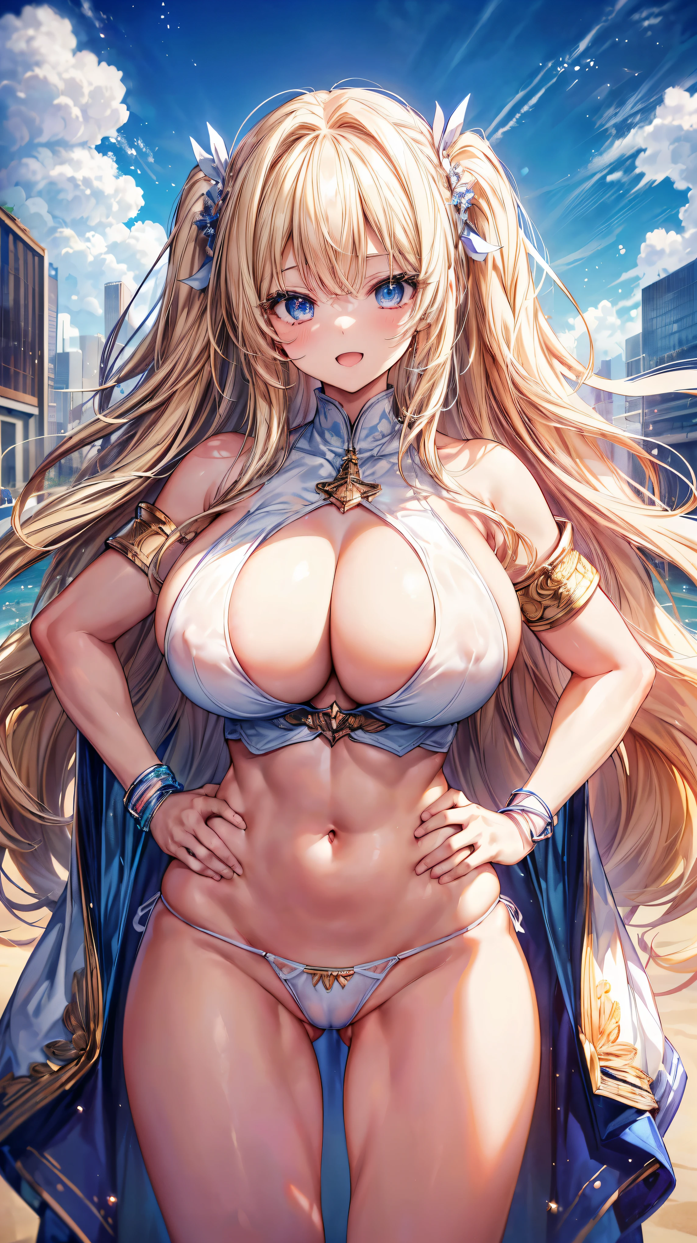 Super detailed、highest quality、Best image quality、masterpiece、8K、Anime Face、A kind smile、Open Mouth、Sparkling Blue Eyeedium long blonde wavy hair:1.5)、、(SFW huge body:1.3)、Cowboy Shot、(She is wearing a white high-cut thong:1.3)、Muscles of the whole body、(Place your hands on your hips:1.5)、Bursting