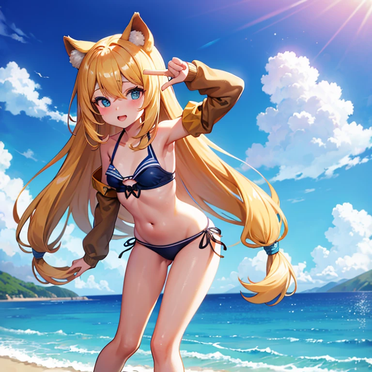 Camel toe en la playa, anime girl, bikini escolar azul