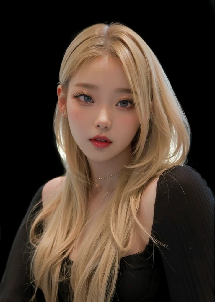 iu soloist, iu kpop soloist singer, blonde soft hair, big lips, cute background, cabello SUELTO, suelto el cabello, cabello SIN accesorios