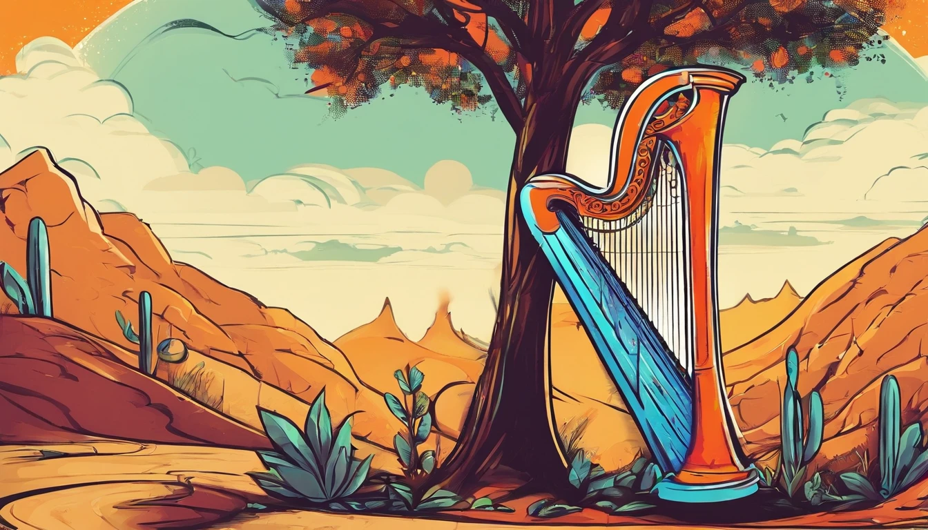 A Paraguayan harp leaning on a tree in the middle of the desert 