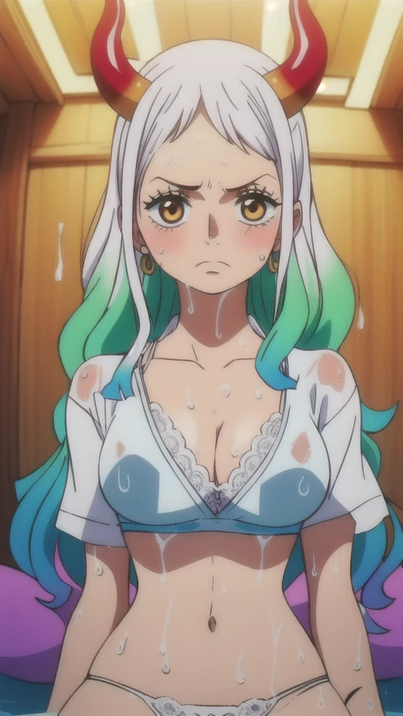 One woman,8k, Yamato_5000, Gray Hair, Green Hair, Gradient Hair, horn, Wano Style, ring earrings, ((masterpiece)), ((highest quality)), （（（sit）））,（（detailed white lace bra））,Very detailed, （See-through clothing）,（（Wet white shirt））,((Wet shirt))　,（（Troubled expression））,Perfect tummy,Perfect navel,((White bra)),（（Detailed white lace panties））,（（Slender body））, , Strong lighting, High resolution, (((((colorful))))), sit, alone,blush,, indoor, 