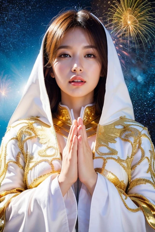 (masterpiece, highest quality, highest quality, Official Art, beautifully、aesthetic:1.2), (One girl), Very detailed, (Fractal Art:1.3), colorful, Most detailed, Perfect Face, Upper Body, High resolution, (pray:1.3), (White cloak, golden lines:1.2), Milky Way, (Streaks of Light), Impressive visuals, (Dynamic stripes, Light trail:1.2), Vibrant colors,
