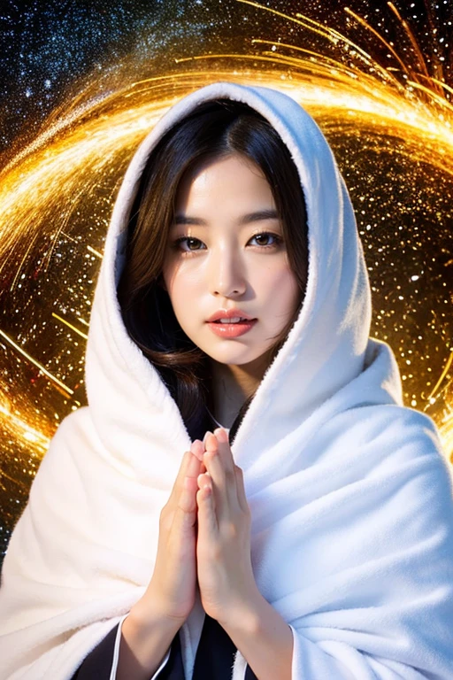 (masterpiece, highest quality, highest quality, Official Art, beautifully、aesthetic:1.2), (One girl), Very detailed, (Fractal Art:1.3), colorful, Most detailed, Perfect Face, Upper Body, High resolution, (pray:1.3), (White cloak, golden lines:1.2), Milky Way, (Streaks of Light), Impressive visuals, (Dynamic stripes, Light trail:1.2), Vibrant colors,