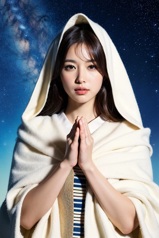 (masterpiece, highest quality, highest quality, Official Art, beautifully、aesthetic:1.2), (One girl), Very detailed, (Fractal Art:1.3), colorful, Most detailed, Perfect Face, Upper Body, High resolution, (pray:1.3), (White cloak, golden lines:1.2), Milky Way, (Streaks of Light), Impressive visuals, (Dynamic stripes, Light trail:1.2), Vibrant colors,
