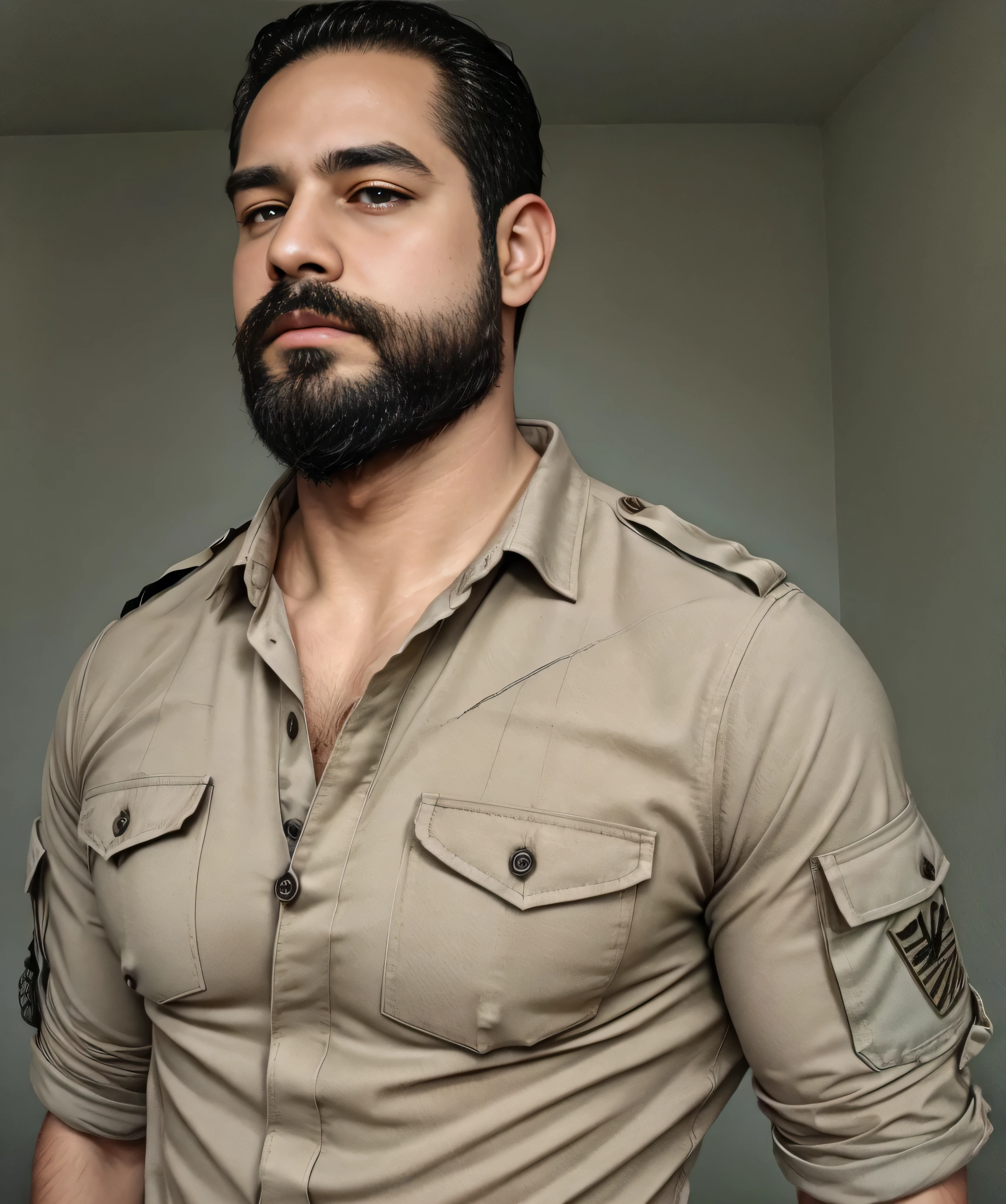 (beautiful detailed eyes, detailed beard, military shirt:1.1), (naked men:0.9), (handsome and striking:1.2), (super polished and cool), medium shot of a handsome