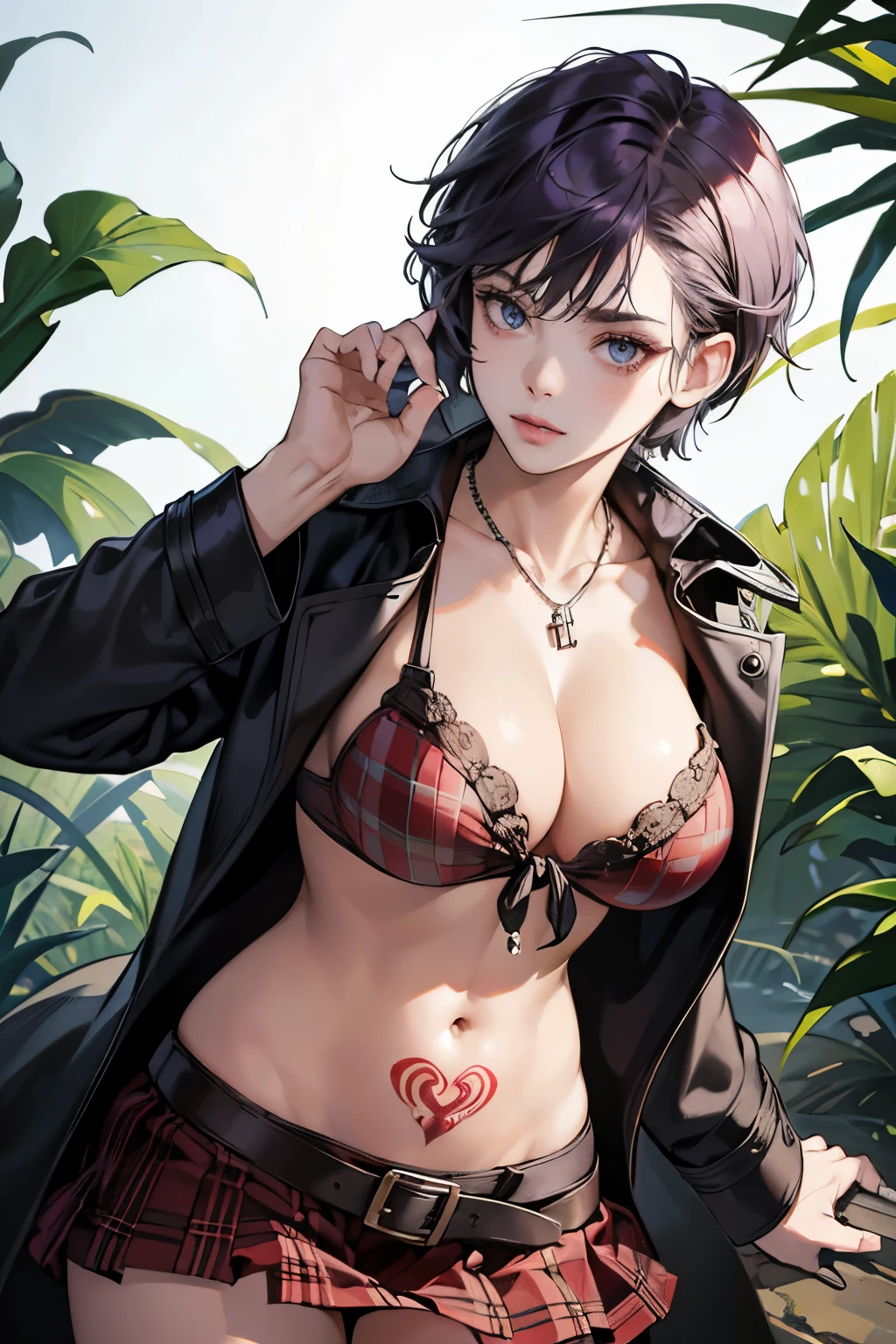 (absurdres, highres, ultra detailed),Masterpiece,intricate details,Best quality,8k,Realistic face,anime girl,Realistic skin texture,magnified textures, stunning clarity, ultra detailed eyes and faces,rock star girl,strong,Winning spirit,(confident eyes),punk rock,,(Belly button),(very short hair:1.2),dark purple hair,tsurime,ruined jungle,biopunk,cowboy shot,(womb tattoo:1.2),trench coat,silver neckless,front-tie bra,red checked skirt,look at viewer,,(big breasts),action pose,(gun)