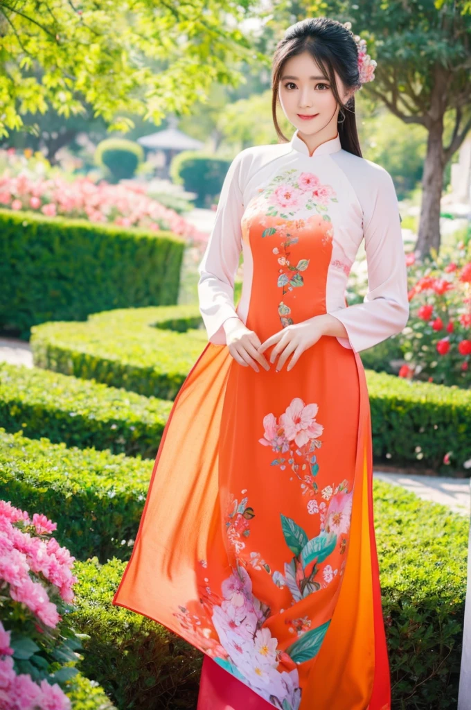 A beautiful Asian girl wearing colorful Vietnamese ao dai, smirking, blurred background of flower garden.