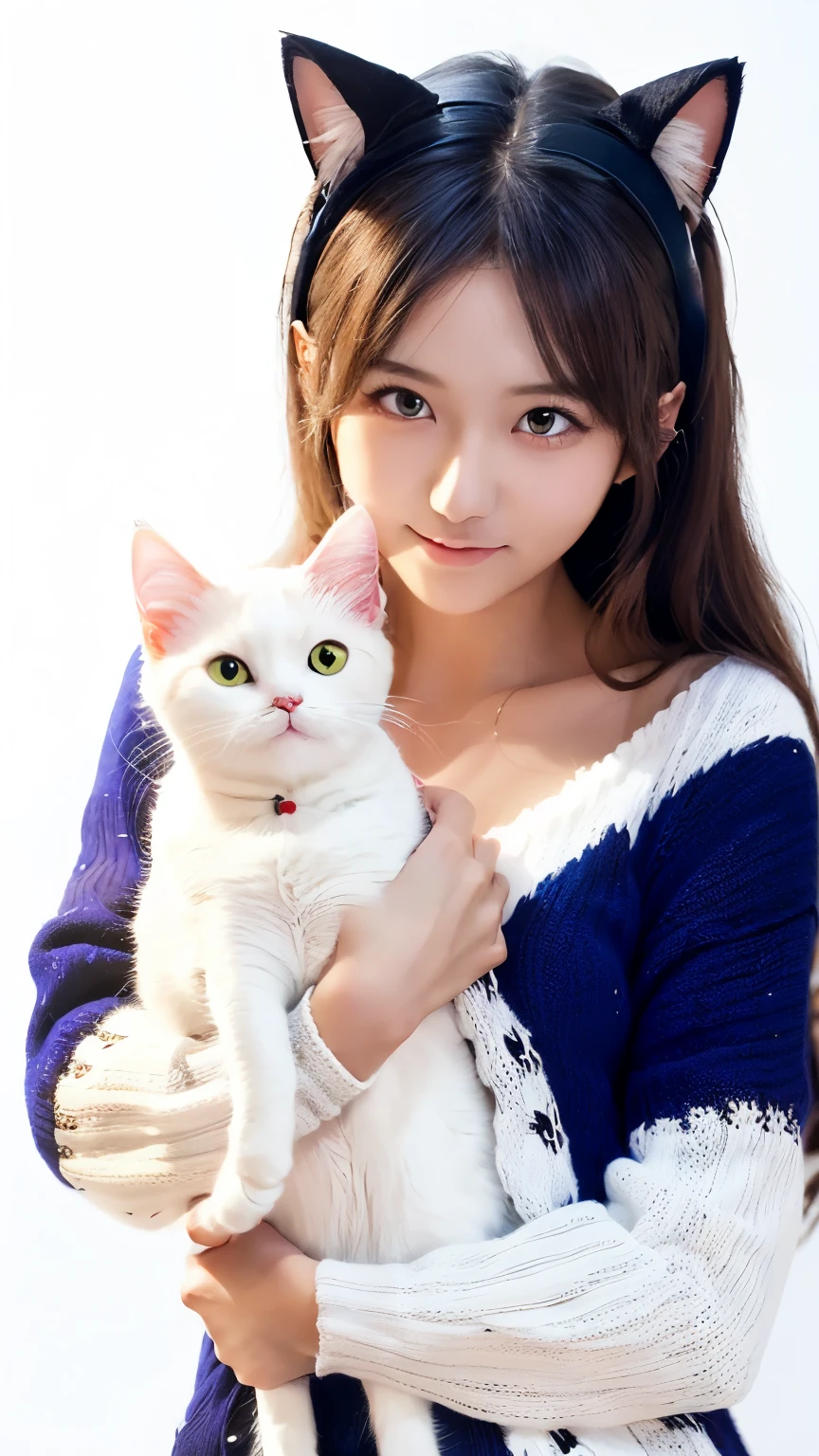 masterpiece, 4k, Bokeh, (Kawai:1.5), high school girl, (Cat ear:1.3), (soft hair:1.3) , (white knit onepiece:1.6), (Japanese idle:1.6), Blushed face, looking at the viewer, cowboy shot, (Holding beautiful white cat :1.3), (white background :1.4),