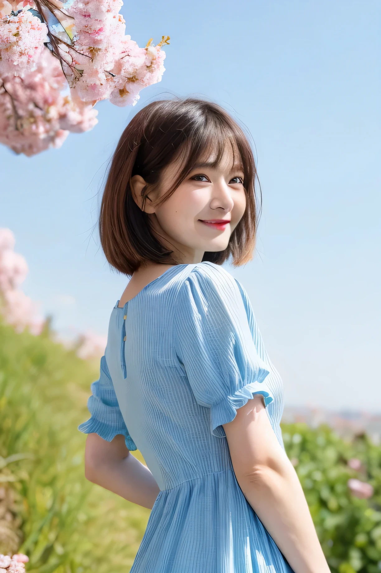 Beautiful 40 year old middle aged woman Are standing smile short hair Looking Back Sky blue spring dress