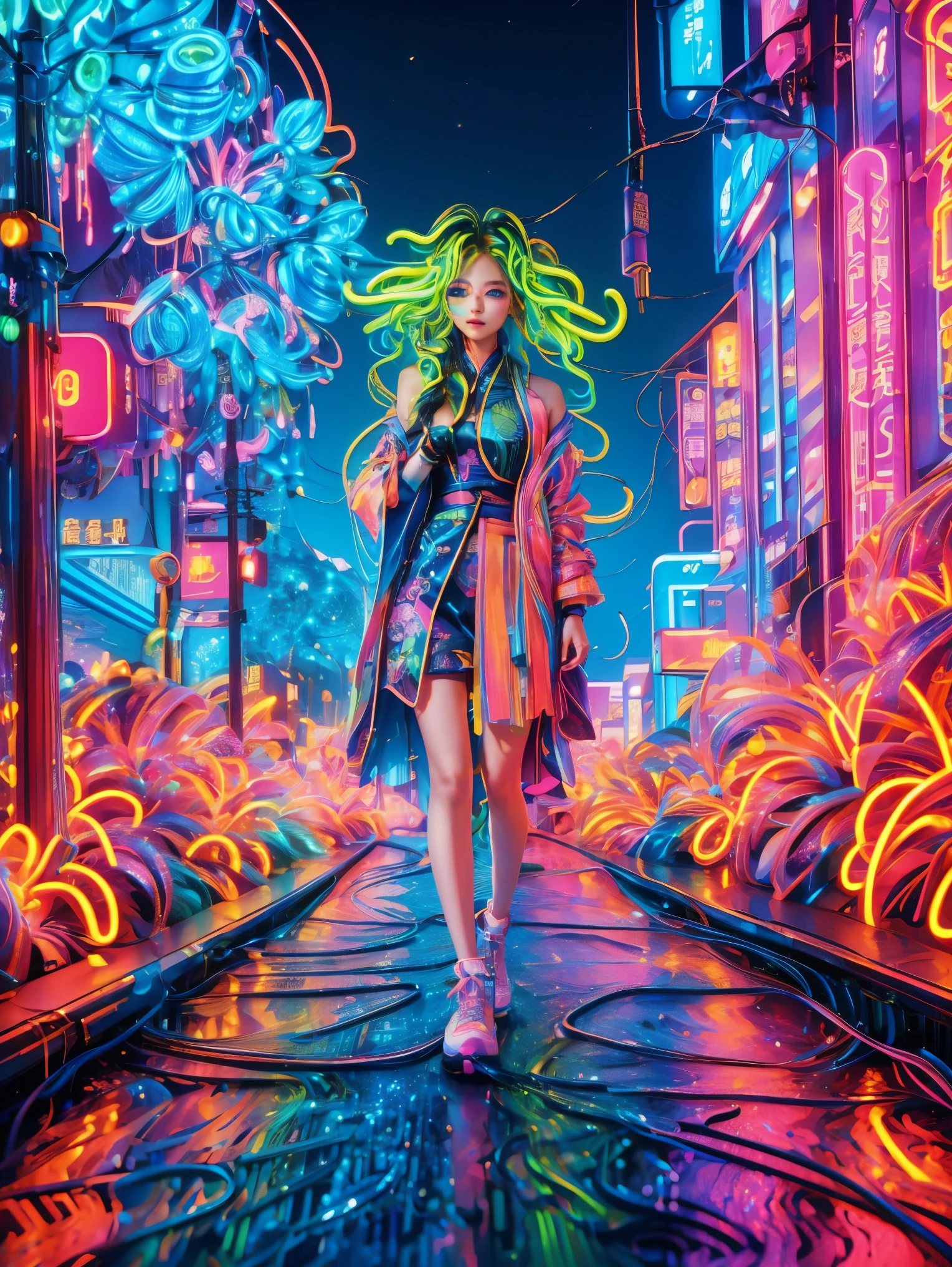 (Medium shot), (Neon)，Circuit Board，(1 Girl:1.3)，(Woman&#39;s hair is made of thin, colorful neon tendrils:1.7), (Long, colorful neon hair flows down her body), 她的头发由薄薄的彩色Neon卷须组成，Fits and covers her body，Form a piece of clothing, (Neon纤维:1.05), ((Neon串电缆)), The scenery is cables and technology, intricate and detailed tech gear chaos, beautiful detailed glow, 细细的五彩Neon串的触手在周围扭动, Surrounding cables are chaotic, Neon tendrils flow, (电缆和五彩Neon串围绕角色旋转:1.1), (detailed:1.05), (ultra-detailed:1.1), (detailed light:1.05)