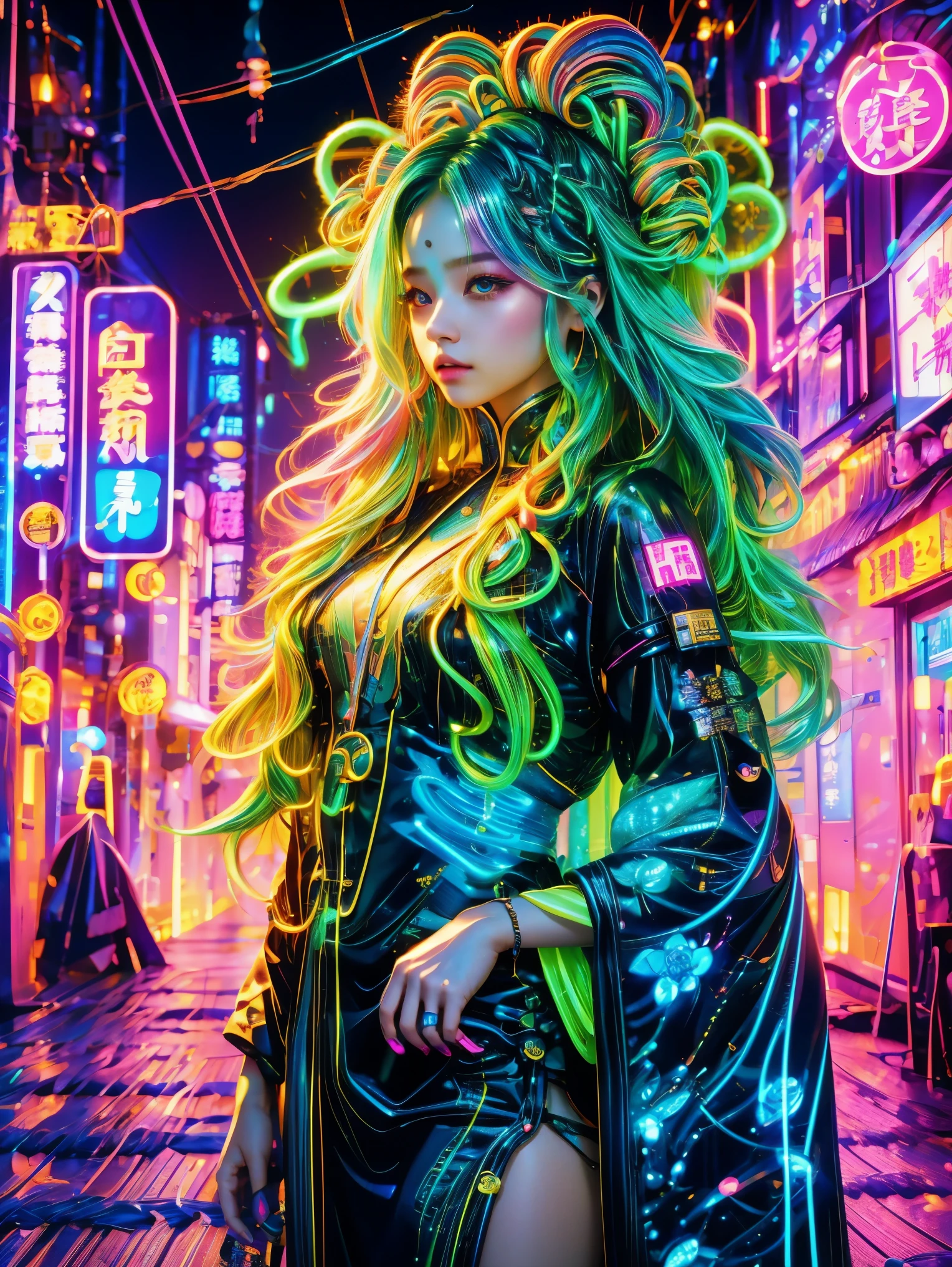 (Medium shot), (Neon),Circuit Board,(1 Girl:1.3),(Woman's hair is made of thin, colorful neon tendrils:1.7), (Long, colorful neon hair flows down her body), 她的头发由薄薄的彩色Neon卷须组成,Fits and covers her body,Form a piece of clothing, (Neon纤维:1.05), ((Neon串电缆)), The scenery is cables and technology, intricate and detailed tech gear chaos, beautiful detailed glow, 细细的五彩Neon串的触手在周围扭动, Surrounding cables are chaotic, Neon tendrils flow, (电缆和五彩Neon串围绕角色旋转:1.1), (detailed:1.05), (ultra-detailed:1.1), (detailed light:1.05)