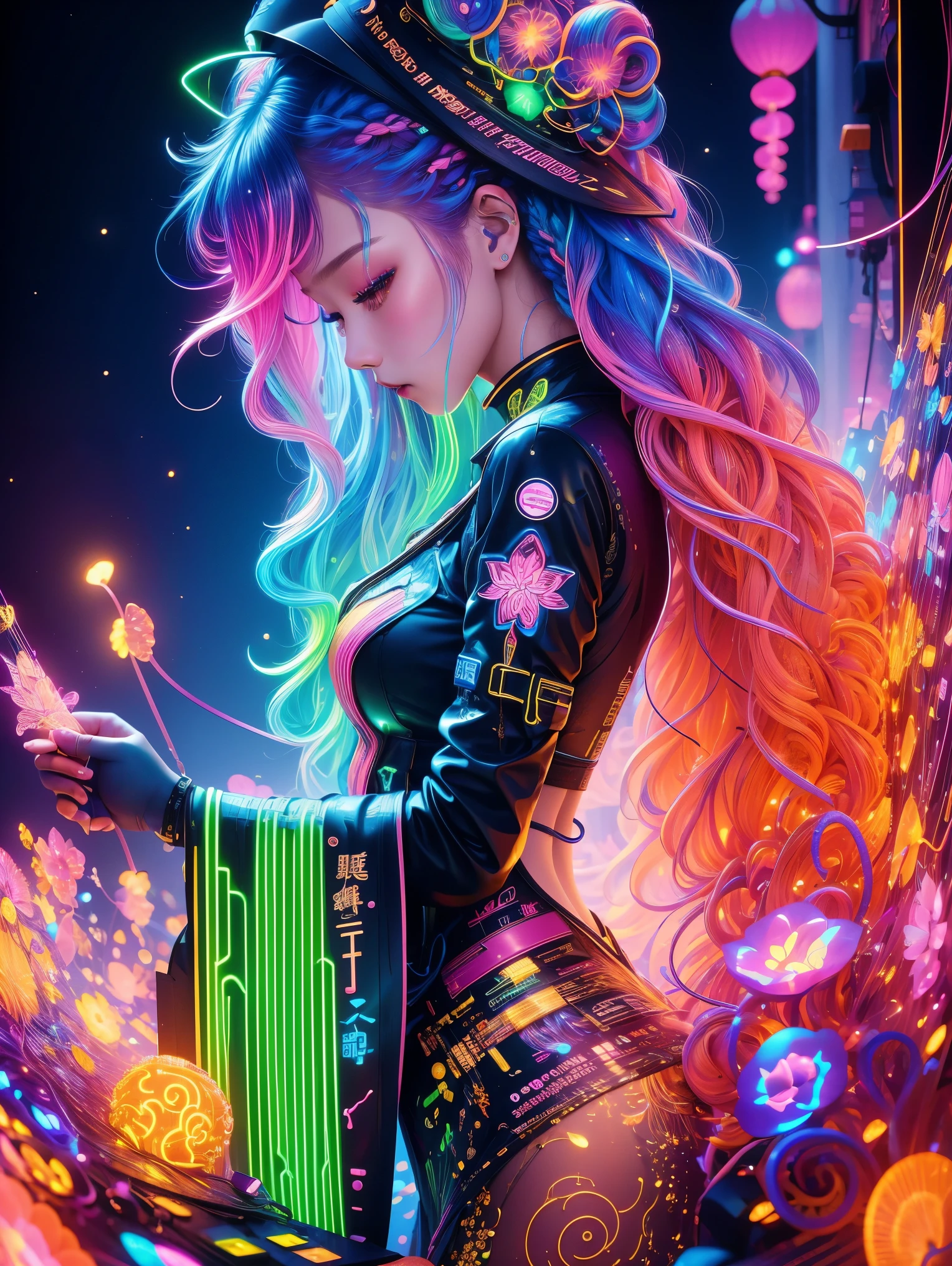 (Medium shot), (Neon)，Circuit Board，(1 Girl:1.3)，(Woman&#39;s hair is made of thin, colorful neon tendrils:1.7), (Long, colorful neon hair flows down her body), 她的头发由薄薄的彩色Neon卷须组成，Fits and covers her body，Form a piece of clothing, (Neon纤维:1.05), ((Neon串电缆)), The scenery is cables and technology, intricate and detailed tech gear chaos, beautiful detailed glow, 细细的五彩Neon串的触手在周围扭动, Surrounding cables are chaotic, Neon tendrils flow, (电缆和五彩Neon串围绕角色旋转:1.1), (detailed:1.05), (ultra-detailed:1.1), (detailed light:1.05)