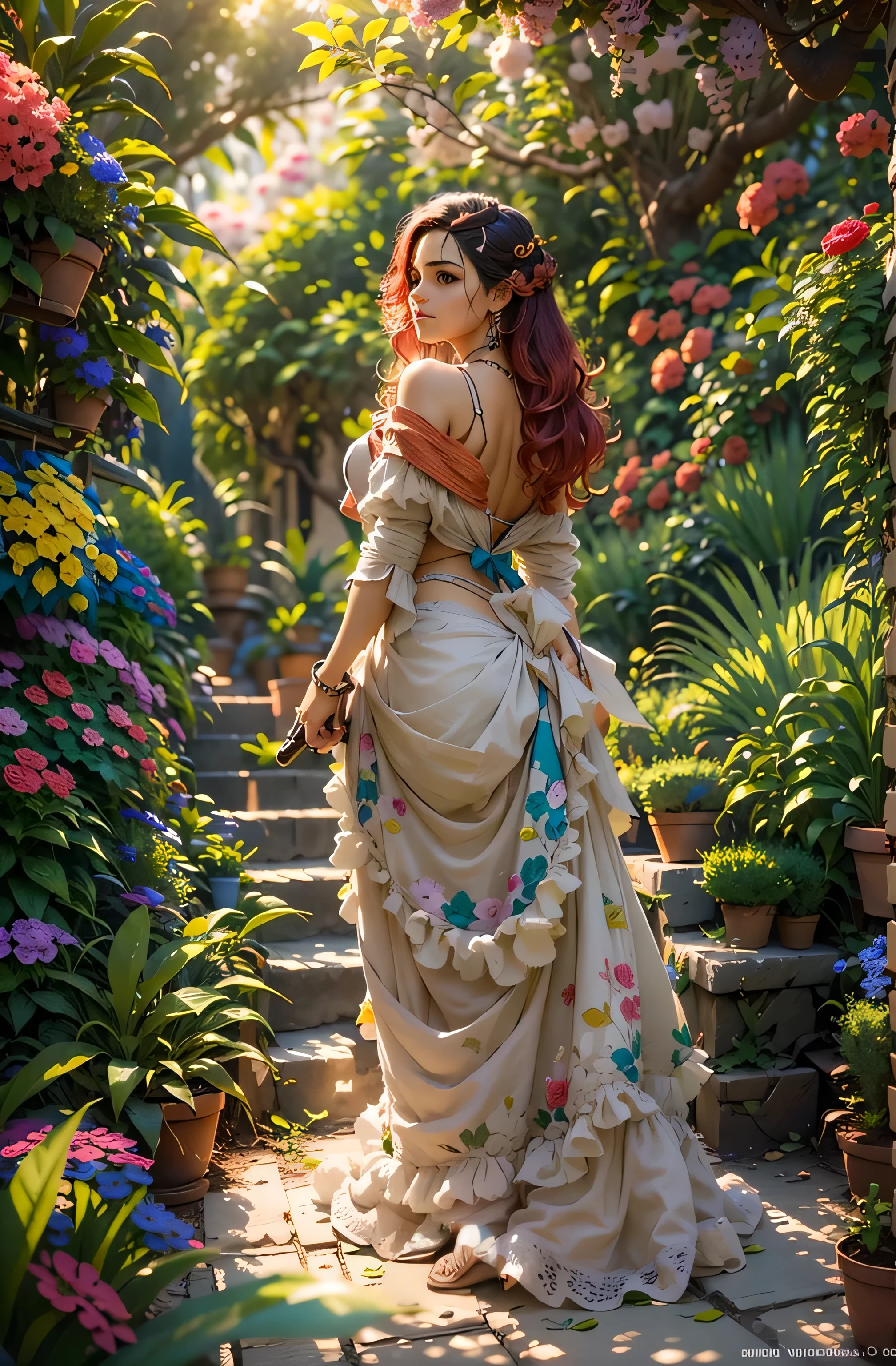 duchess, back view, vibrant colors, bright color dress, big butt, fluffy dress, long hair, bra strap visible, surrounded by flowers, face turned